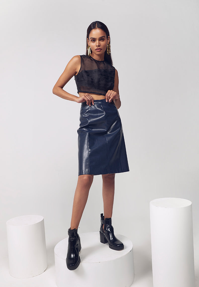 Leather Midi Skirt in Blue