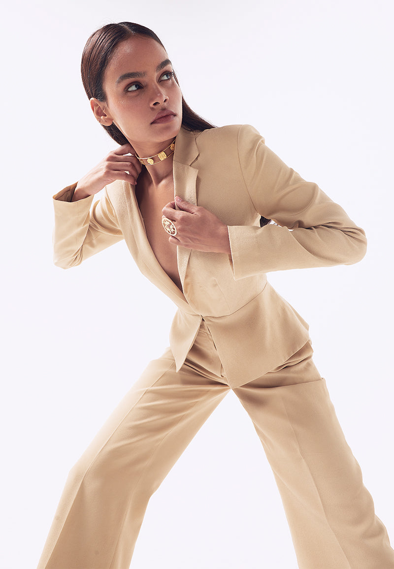 Back-Pleated Power Suit in Beige display picture 1