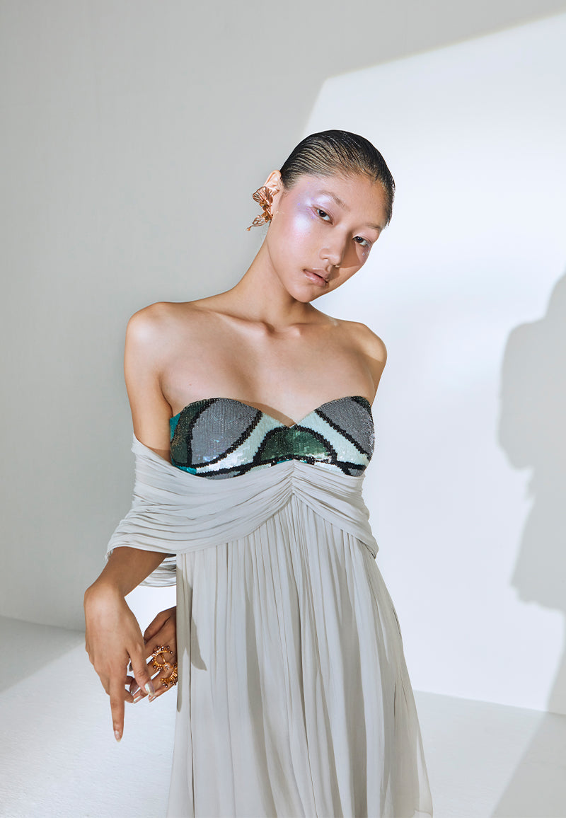 Bandeau Embellished Flared Dress in Grey XS / Grey Bandeau Embellished Flared Dress in Grey XS / Grey