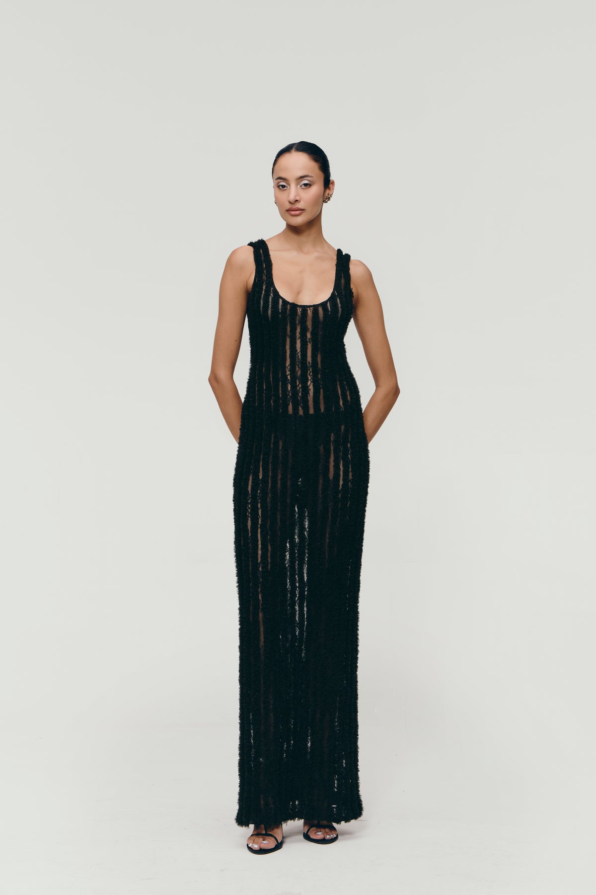 Ruffle-Textured Lace Maxi Dress in Black
