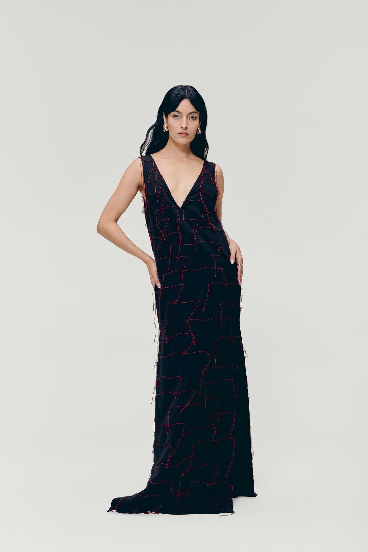 Threadwork Maxi Dress In Black