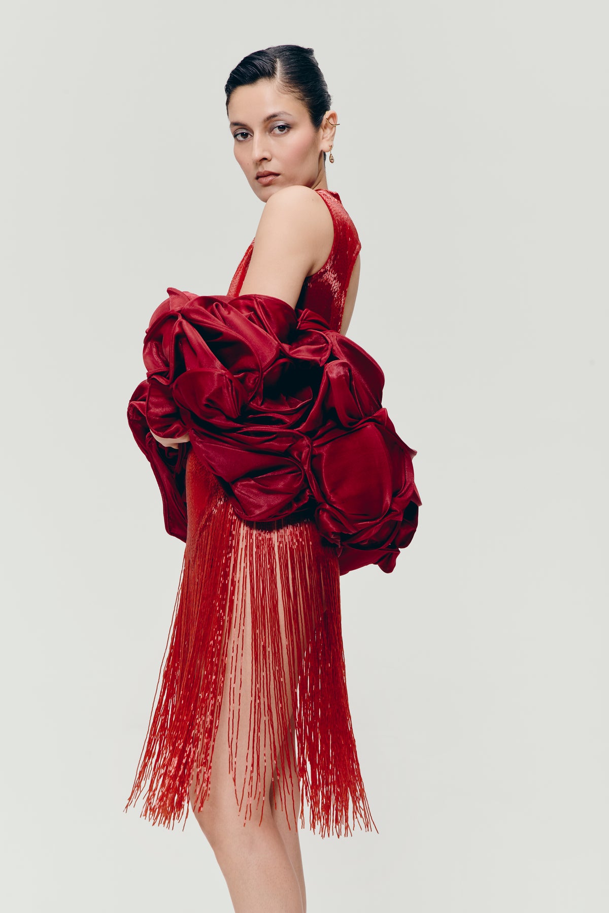 Sculptural Boned Cape in Deep Red