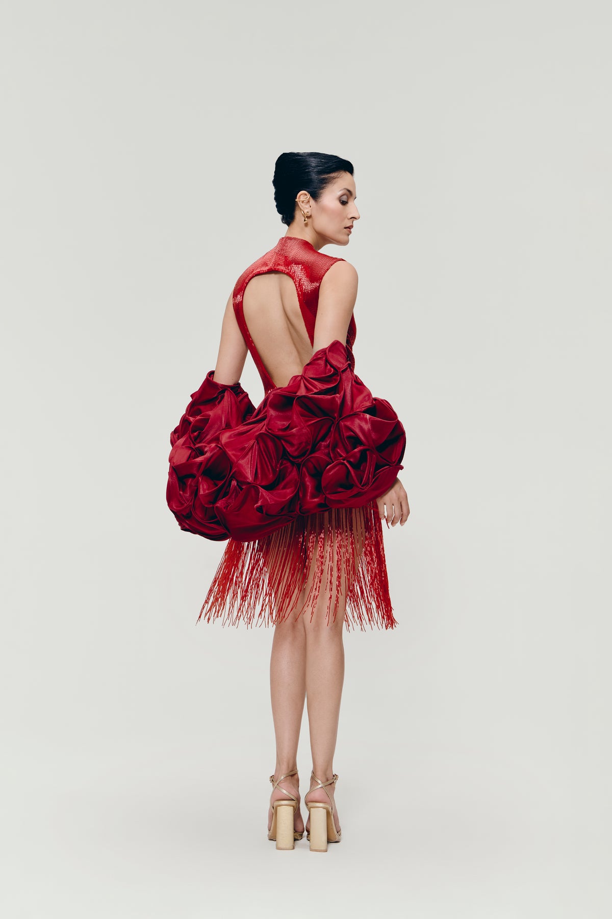 Sculptural Boned Cape in Deep Red