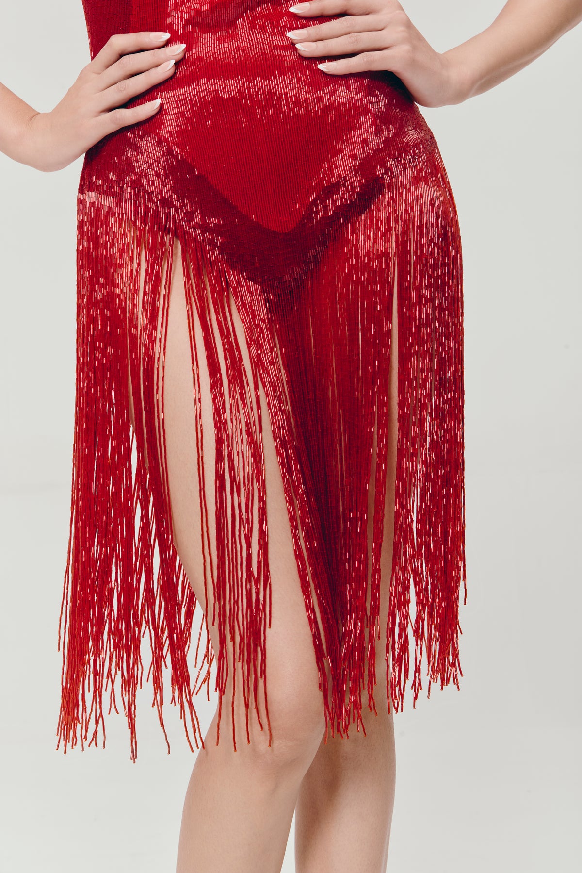 Beaded Fringe Bodysuit in Red