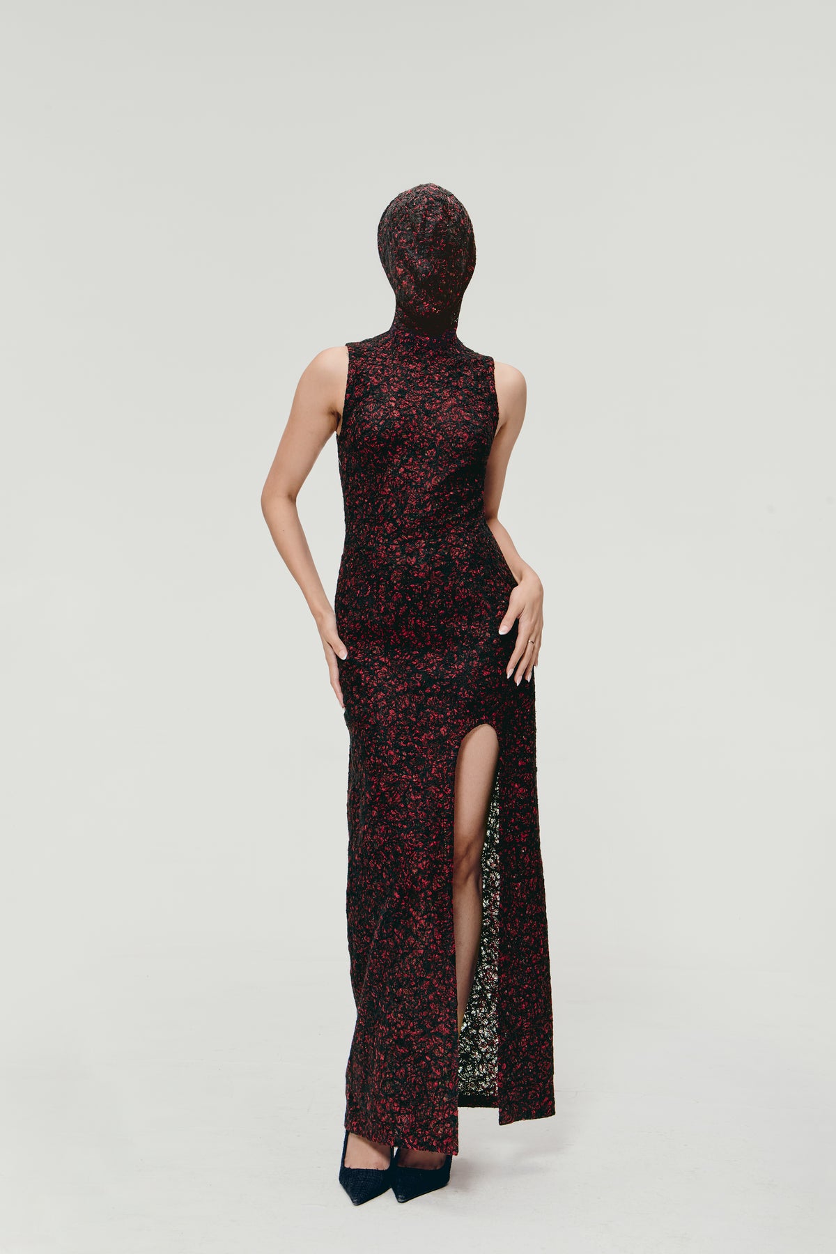 Hand-Felted Column Dress in Crimson Noir
