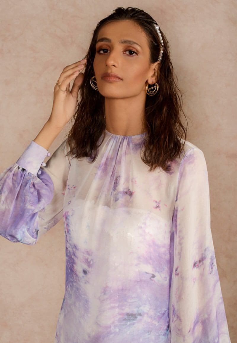 sheer printed midi dress Sheer midi dress in print L / Purple