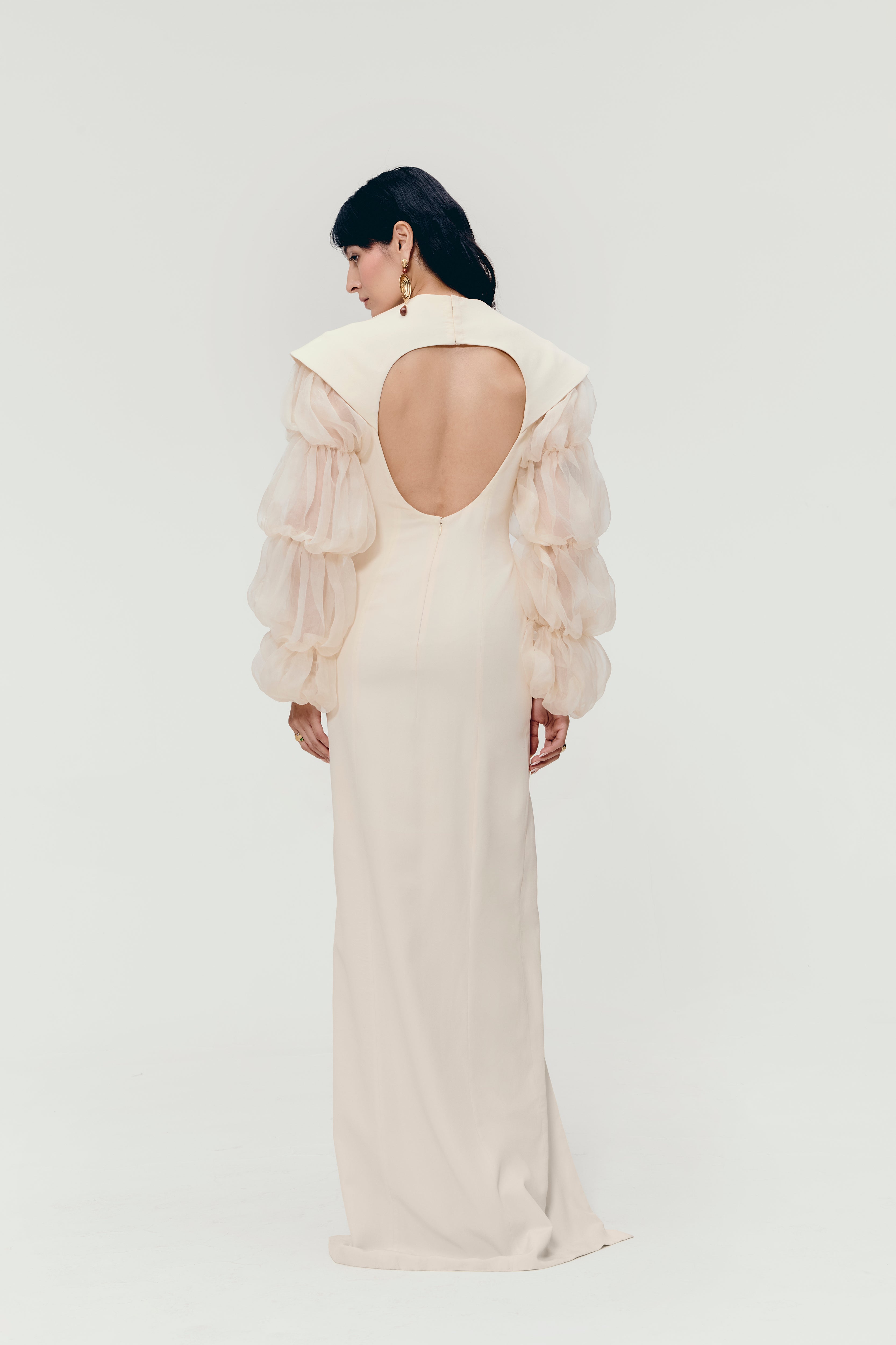 Cut-Out Paneled Column Gown in Ivory