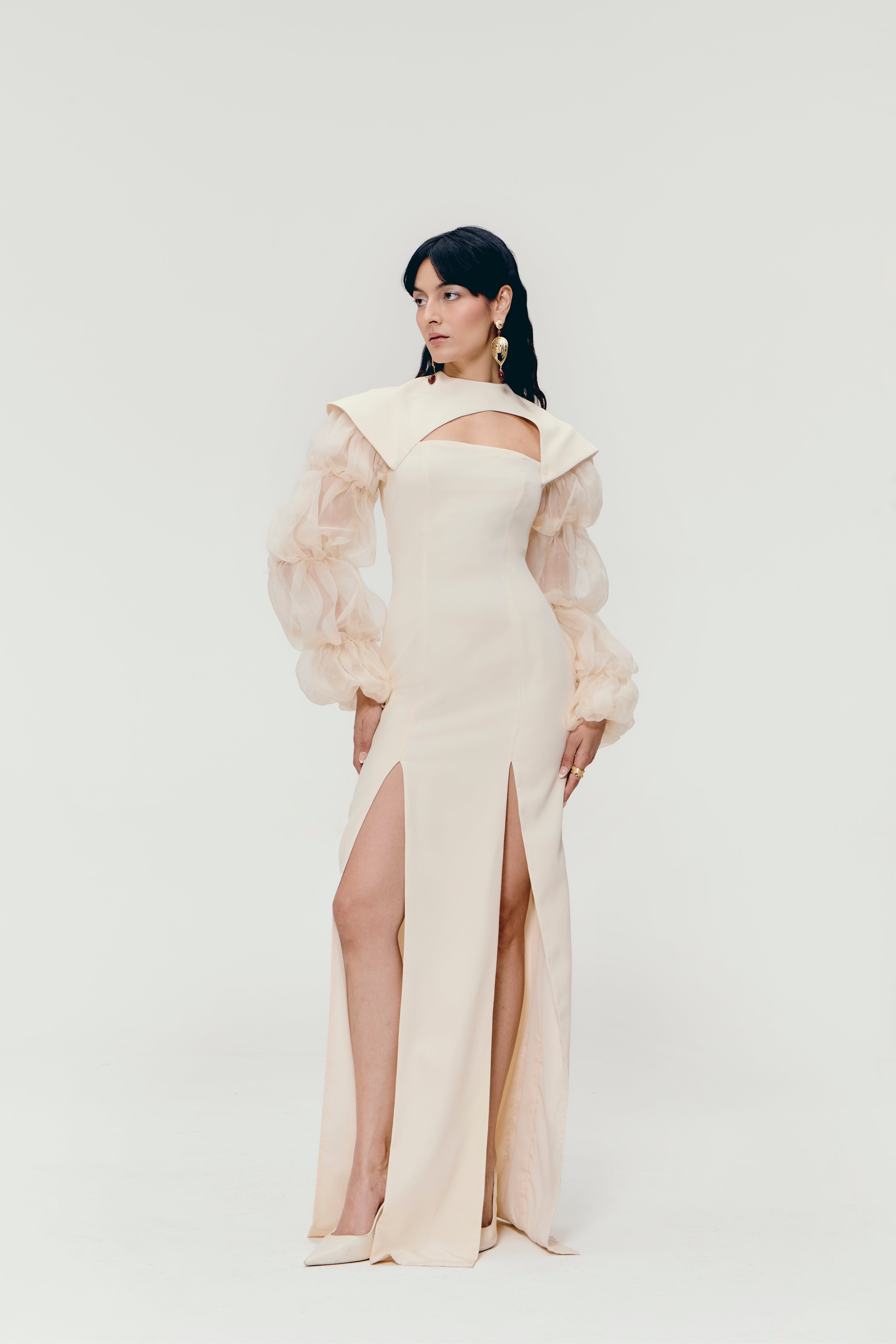 Cut-Out Paneled Column Gown in Ivory