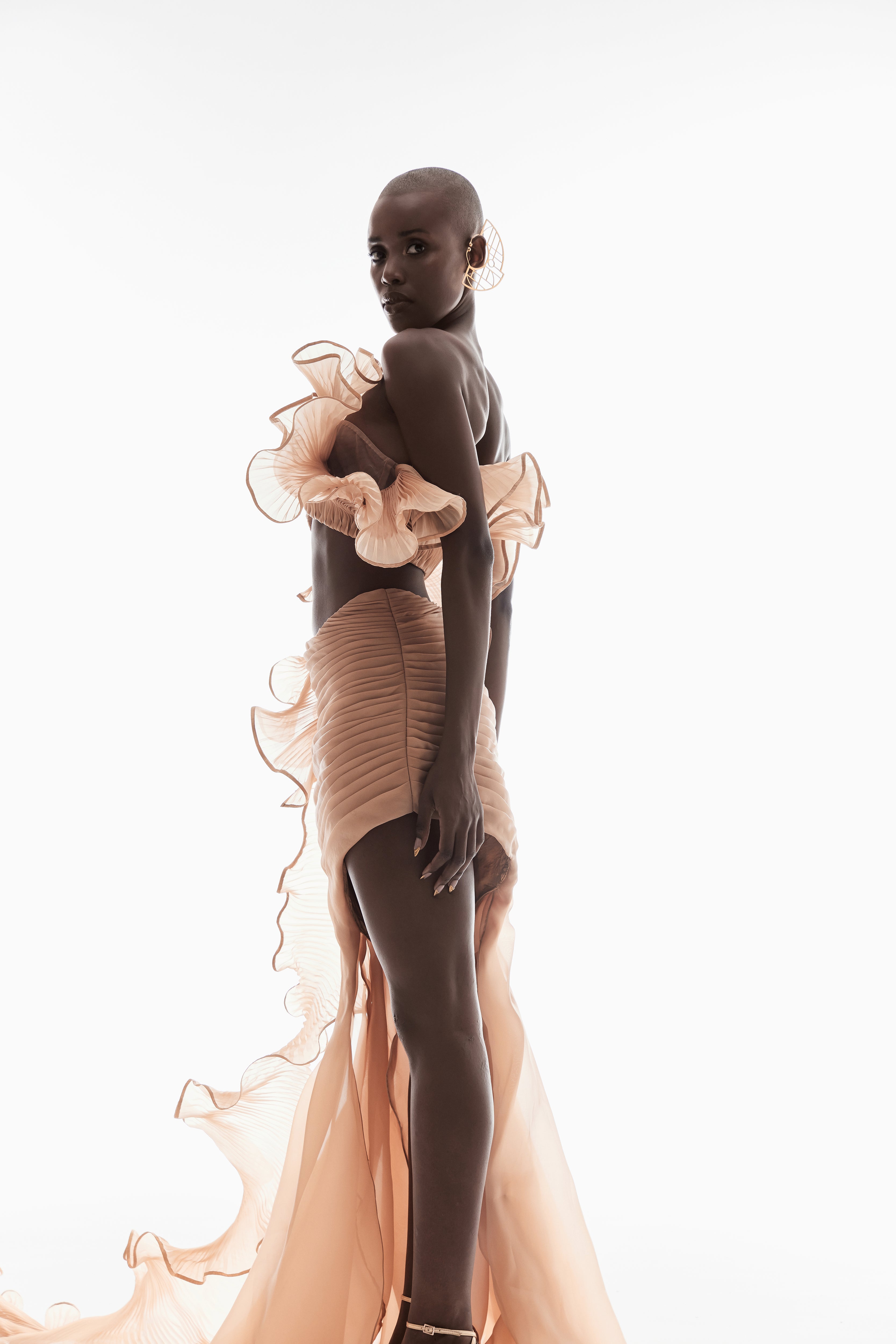 DRAPED AND PLEATED CUT-OUT MAXI IN LIGHT GOLD