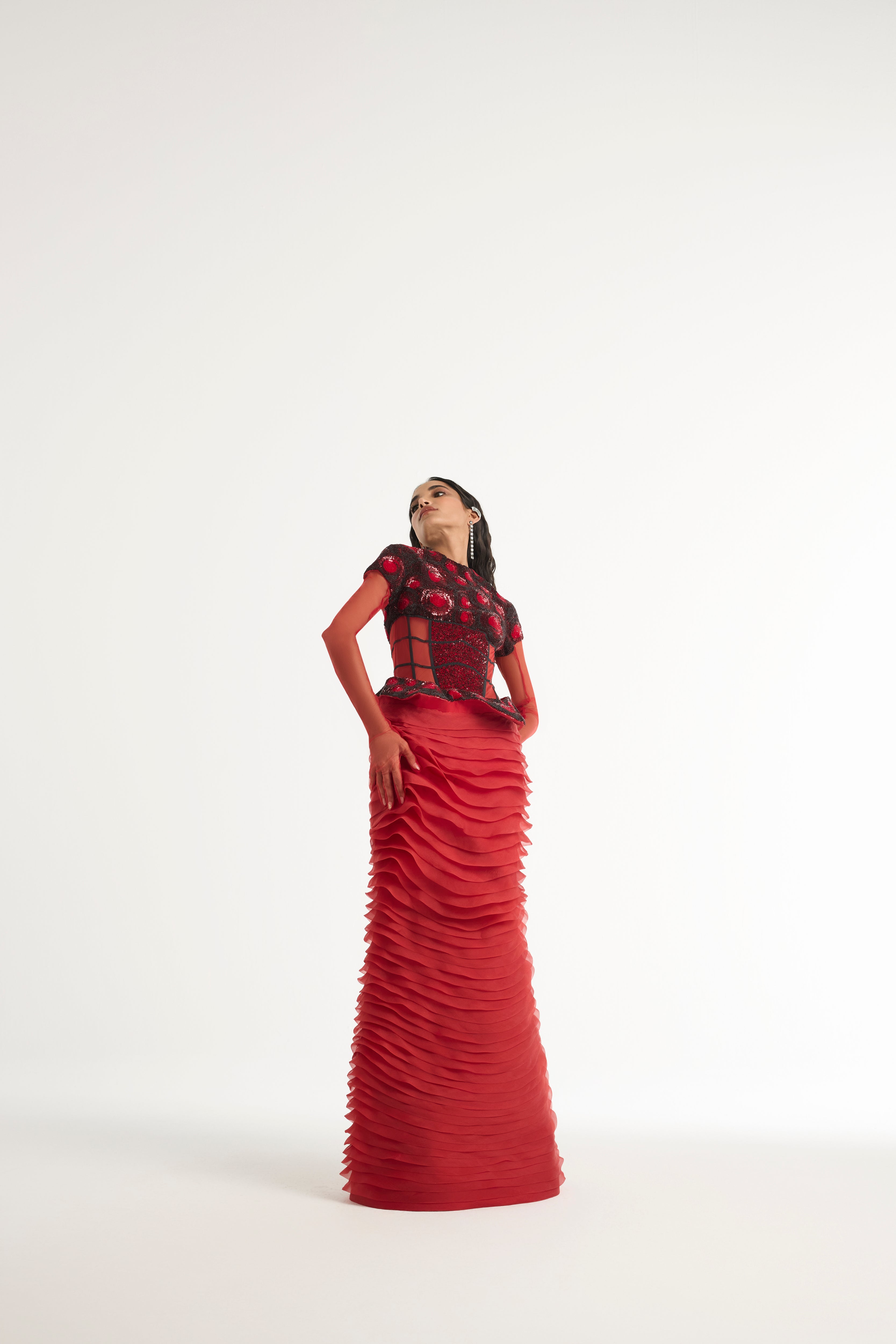 Embroidered Structured Gown with Detachable Veil in Red
