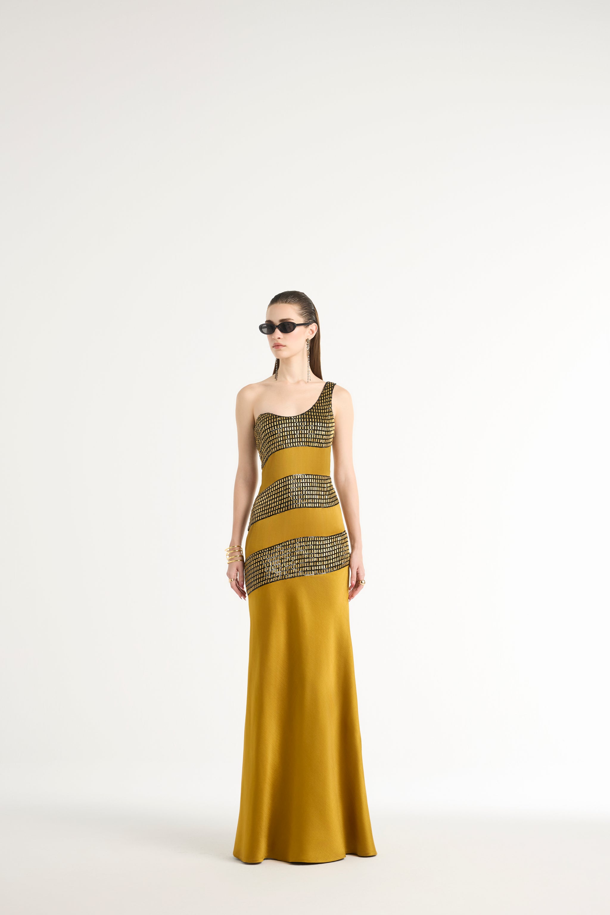 Metal Embellished One-Shoulder Maxi in Gold