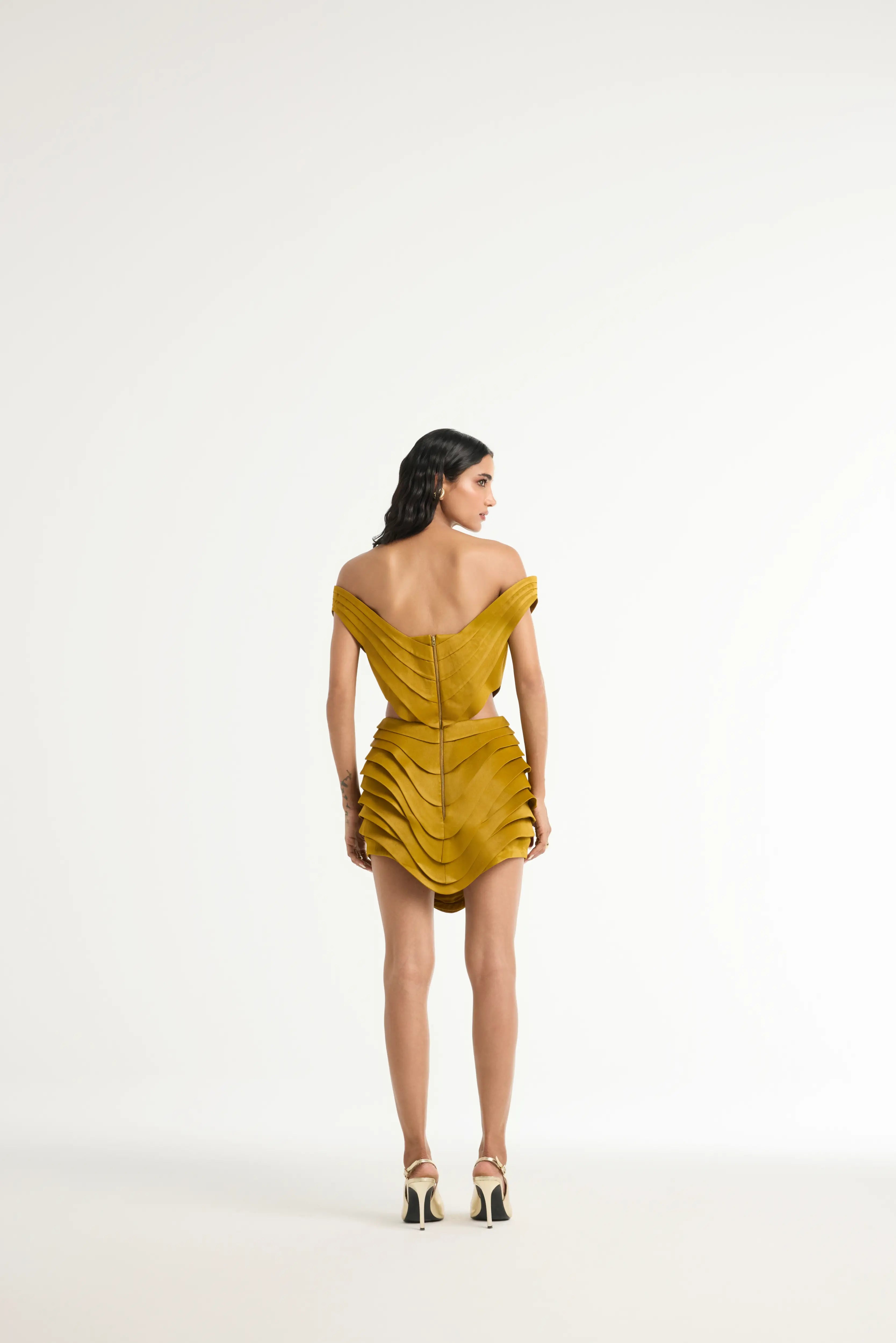 Off-Shoulder 3D Paneled Dress in Gold
