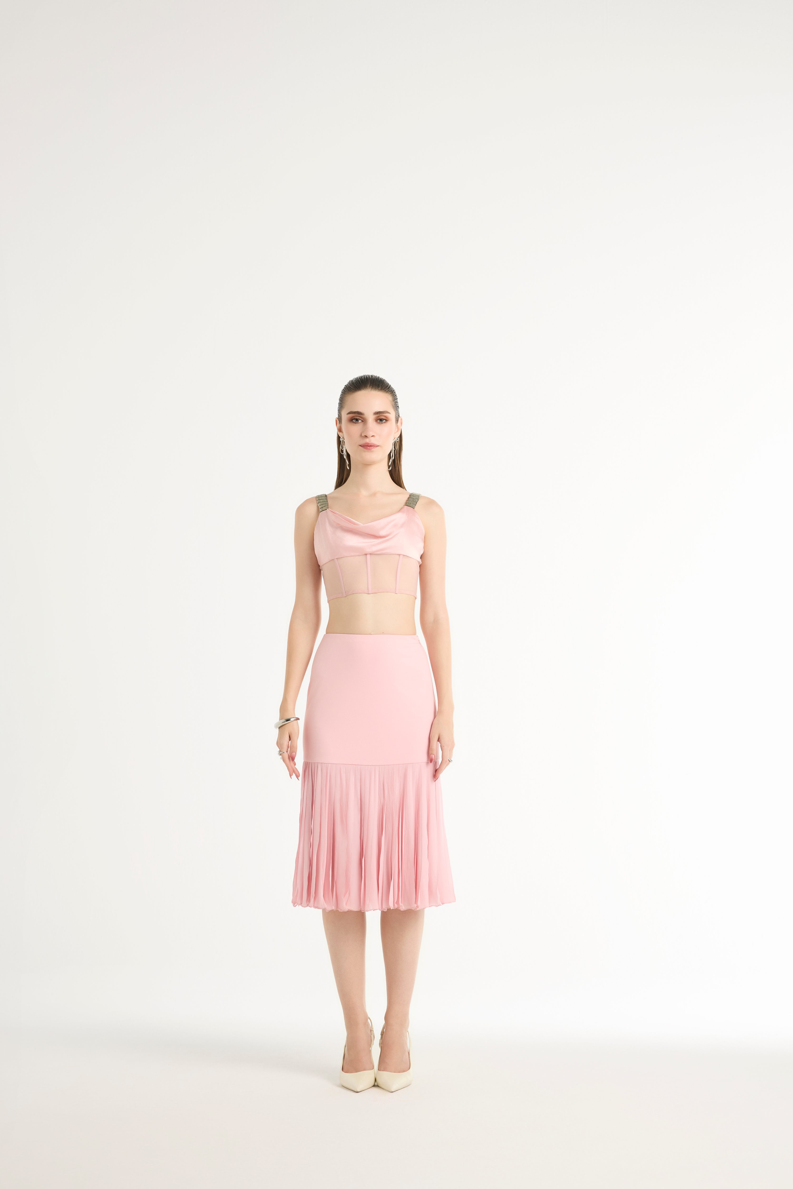 Hand-Pleated Flared Midi Skirt in Pink