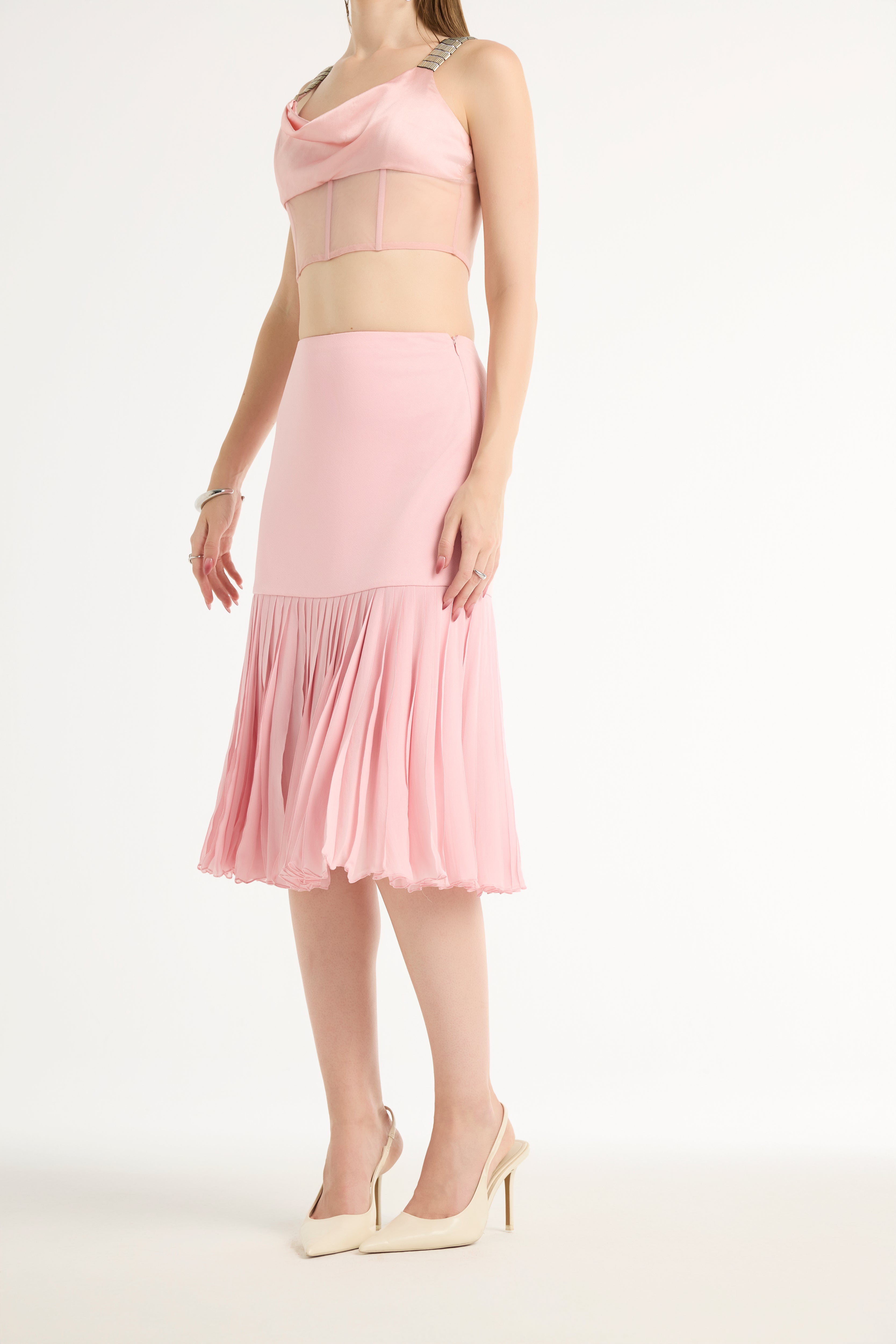 Hand-Pleated Flared Midi Skirt in Pink