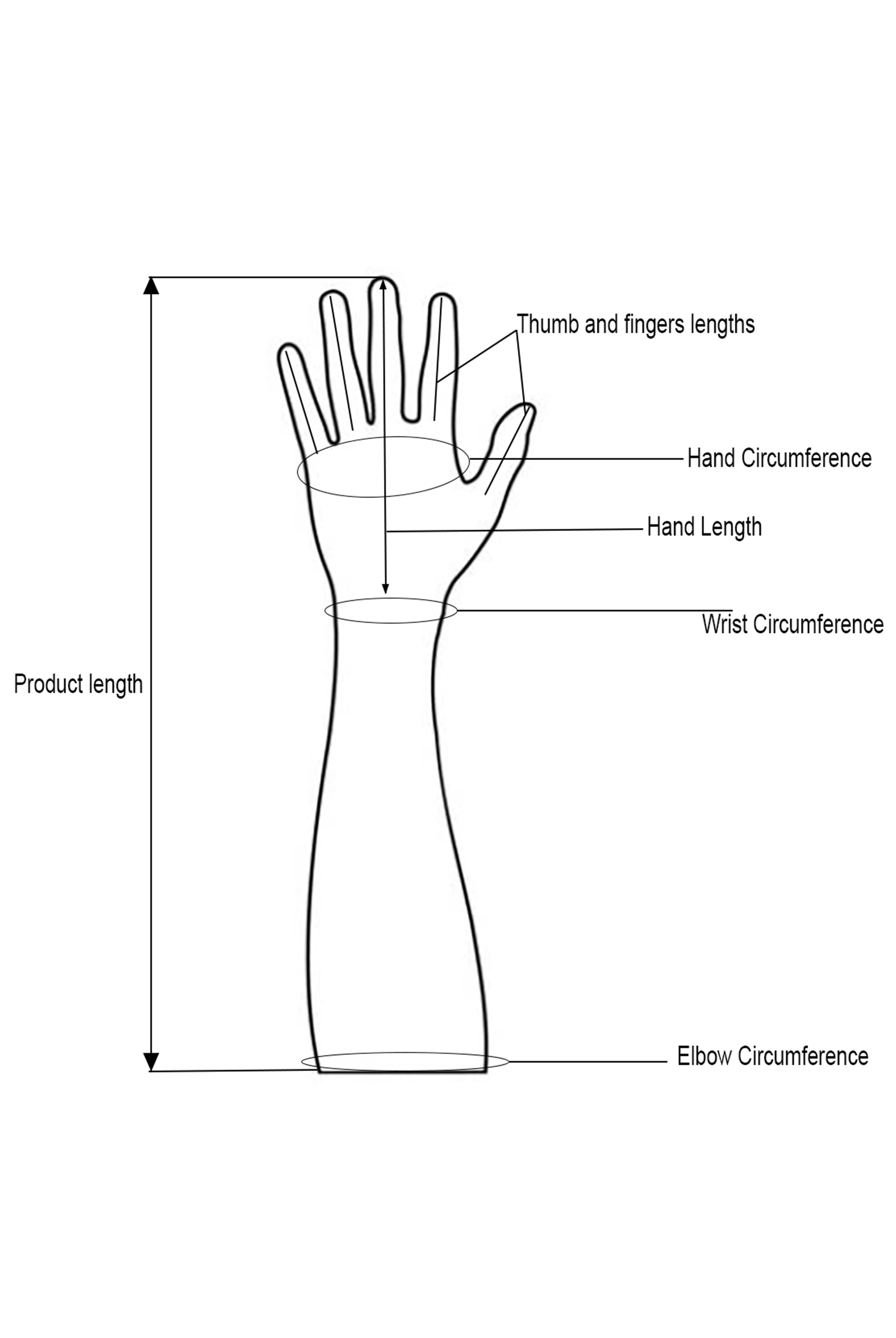 A black and white line drawing showing the dimensions of a glove, with labeled measurements for thumb and fingers length, hand circumference, hand length, wrist circumference, elbow circumference, and product length.