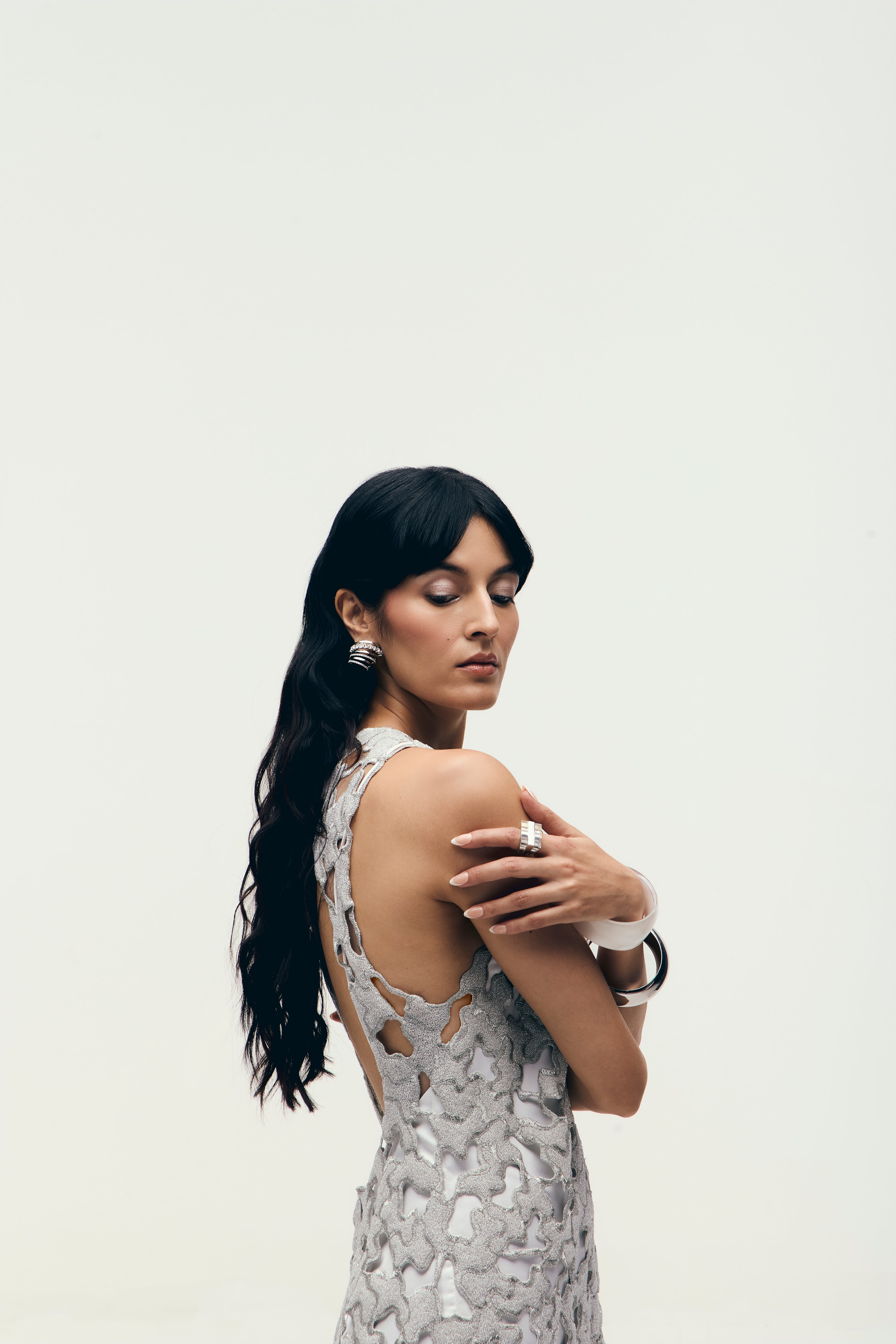 Zari Embroidered Mini Dress in Silver