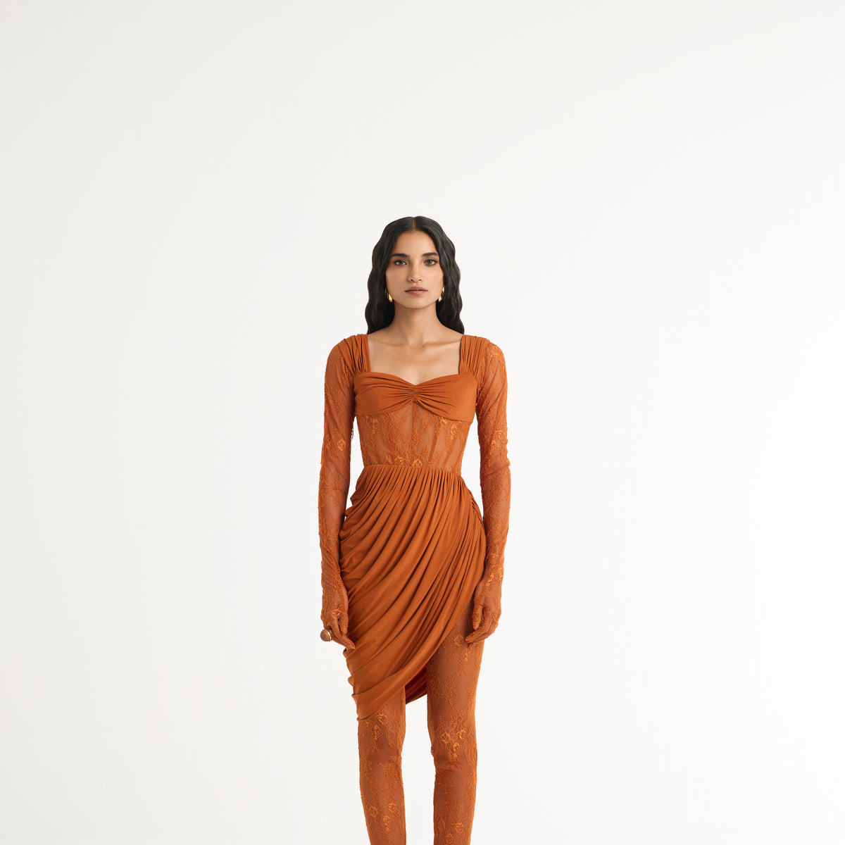 Draped Lace Dress Set in Orange