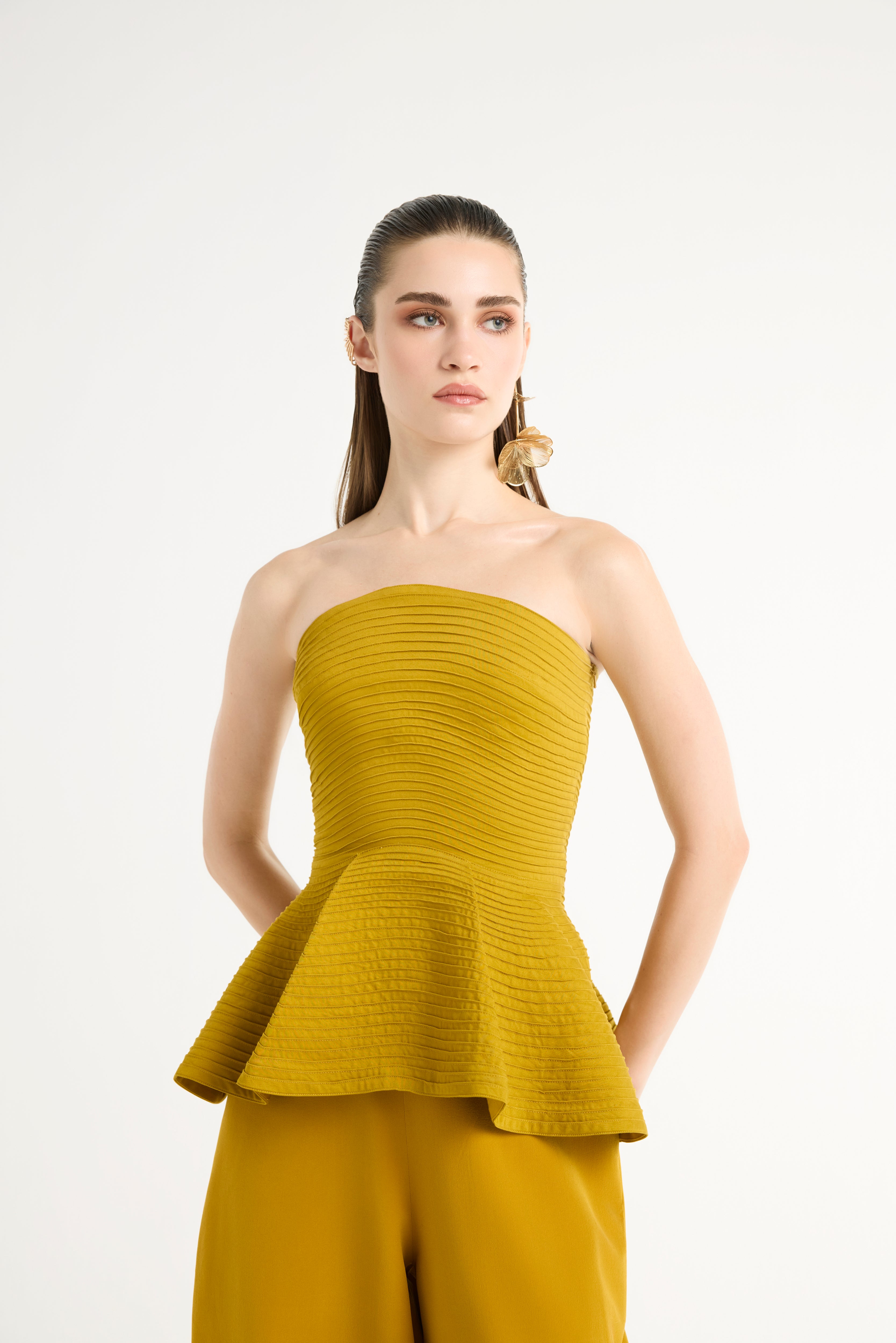 Embroidered Peplum Top in Gold