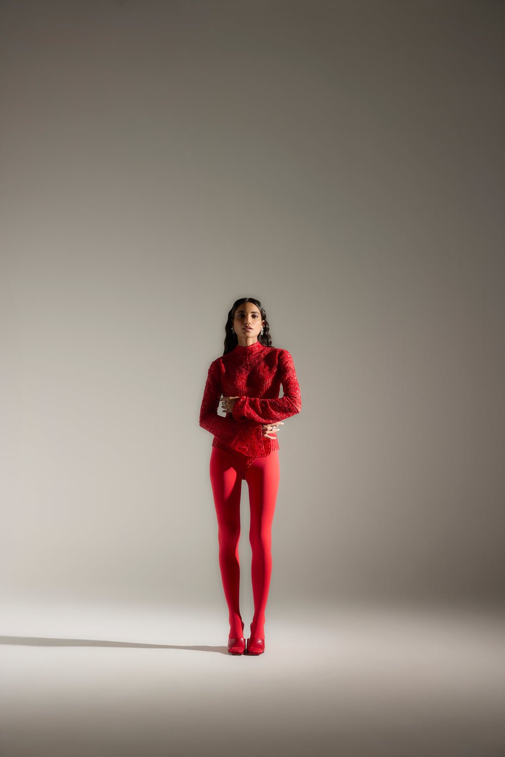 Embroidered Lace Bodysuit in Red