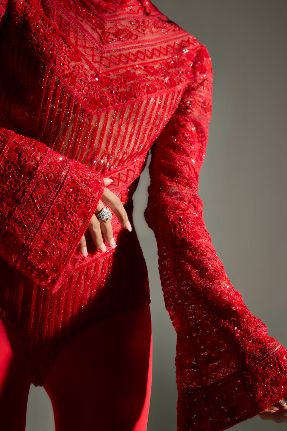 Embroidered Lace Bodysuit in Red