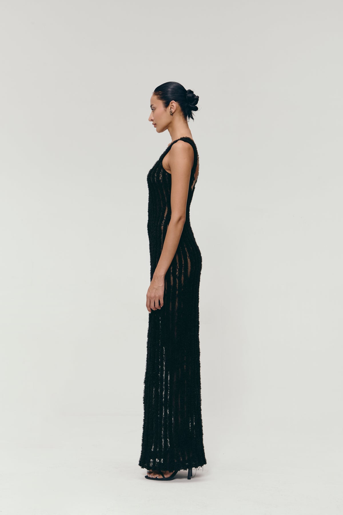 Ruffle-Textured Lace Maxi Dress in Black