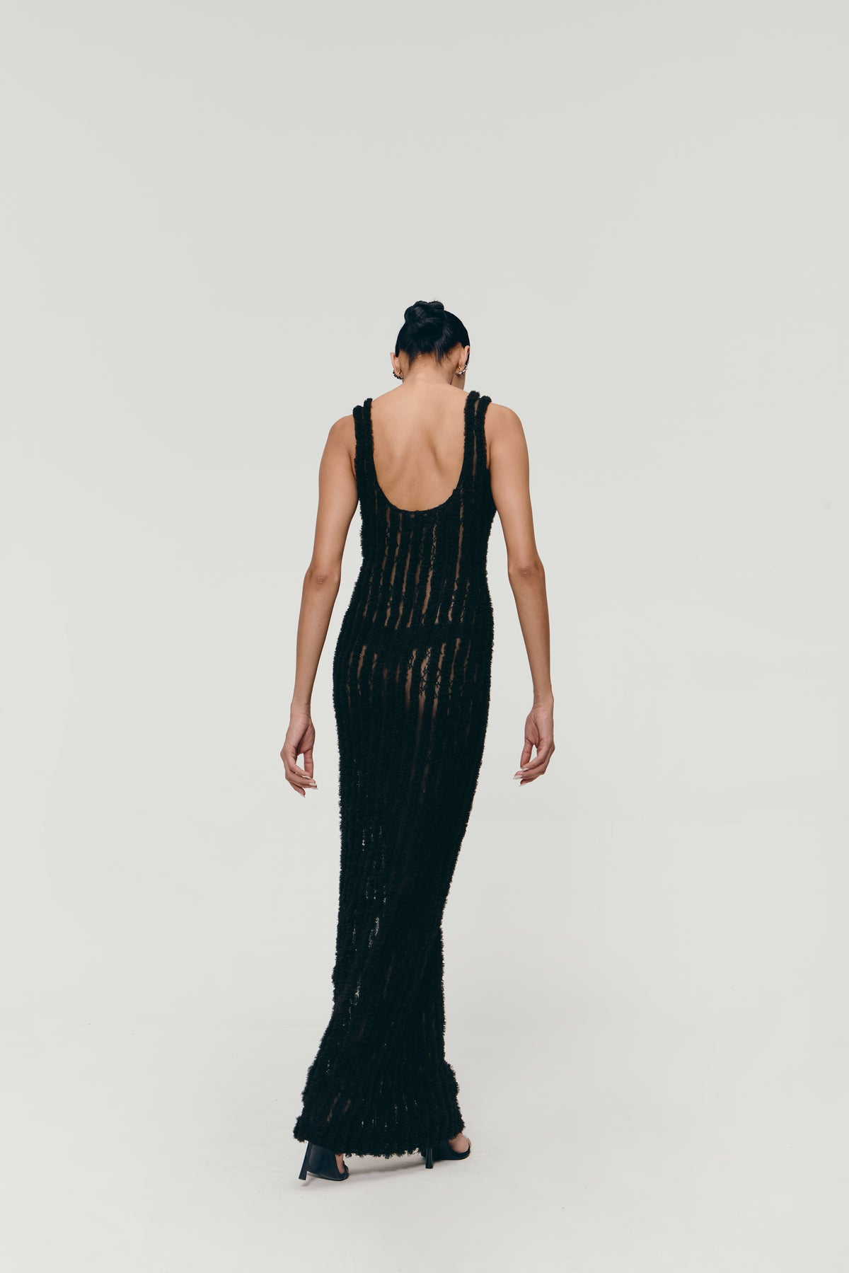 Ruffle-Textured Lace Maxi Dress in Black