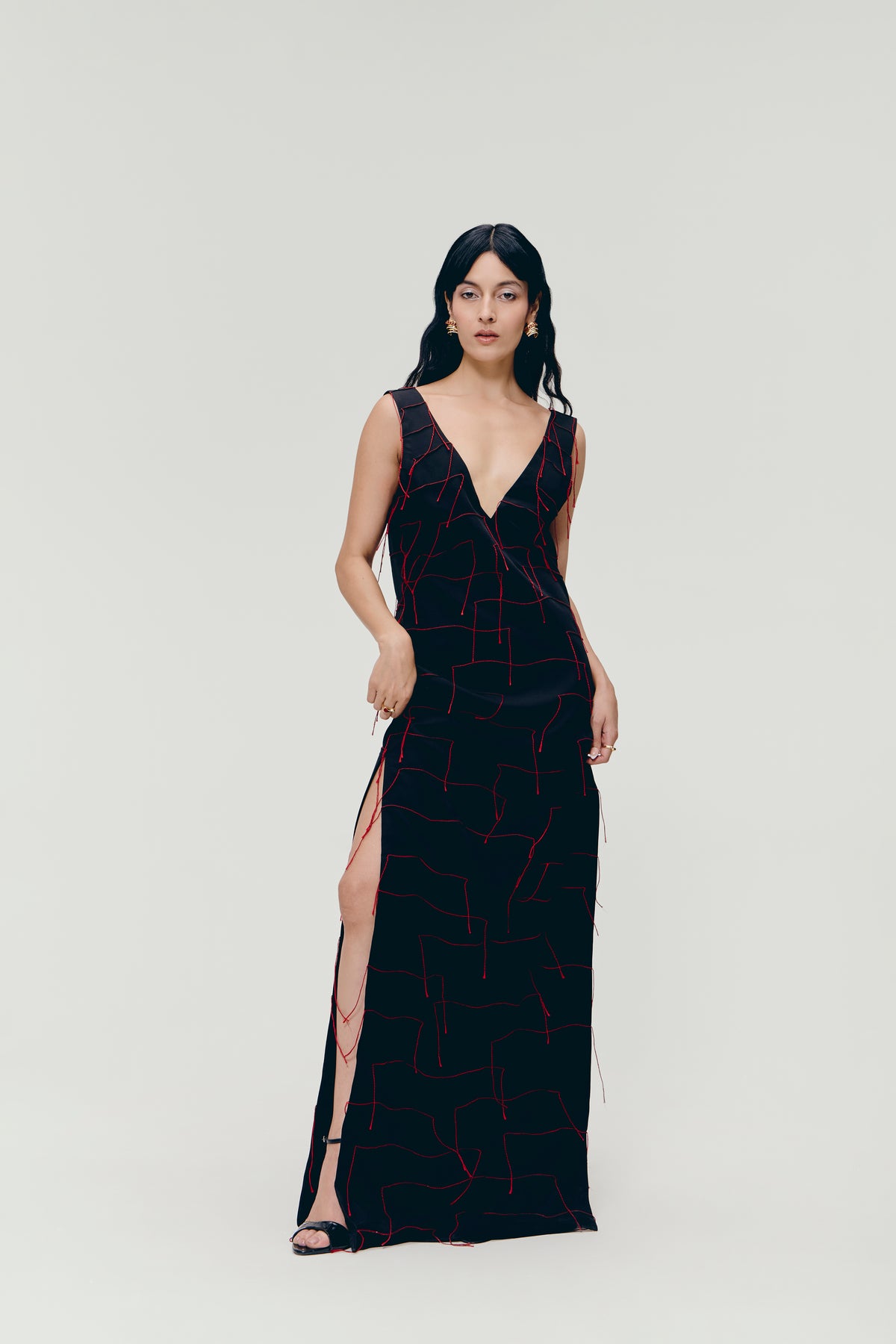 Threadwork Maxi Dress In Black
