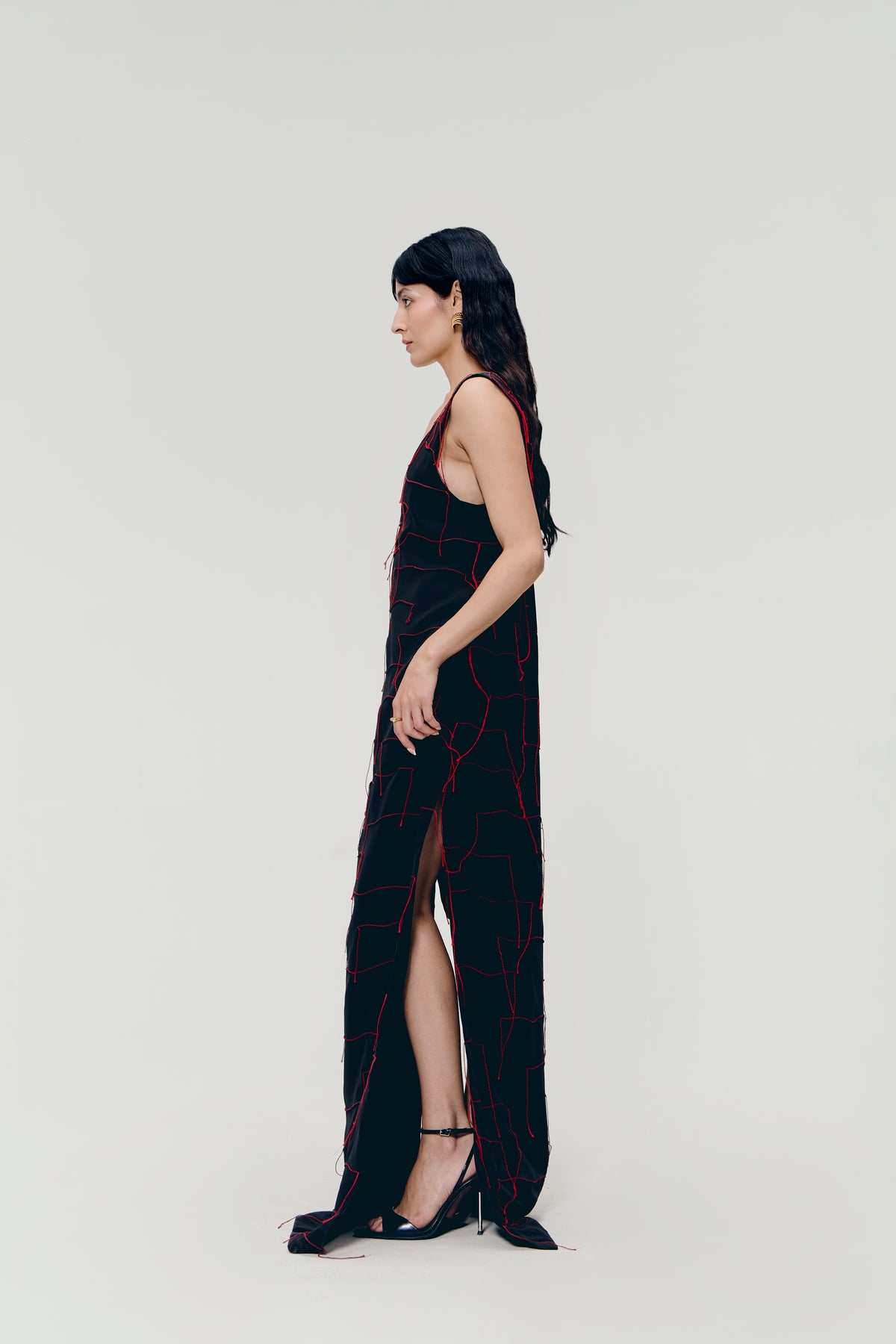 Threadwork Maxi Dress In Black