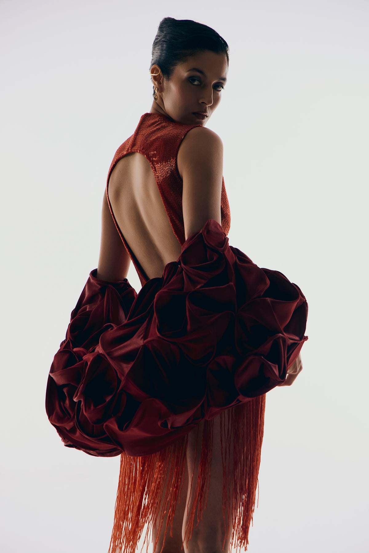 Sculptural Boned Cape in Deep Red