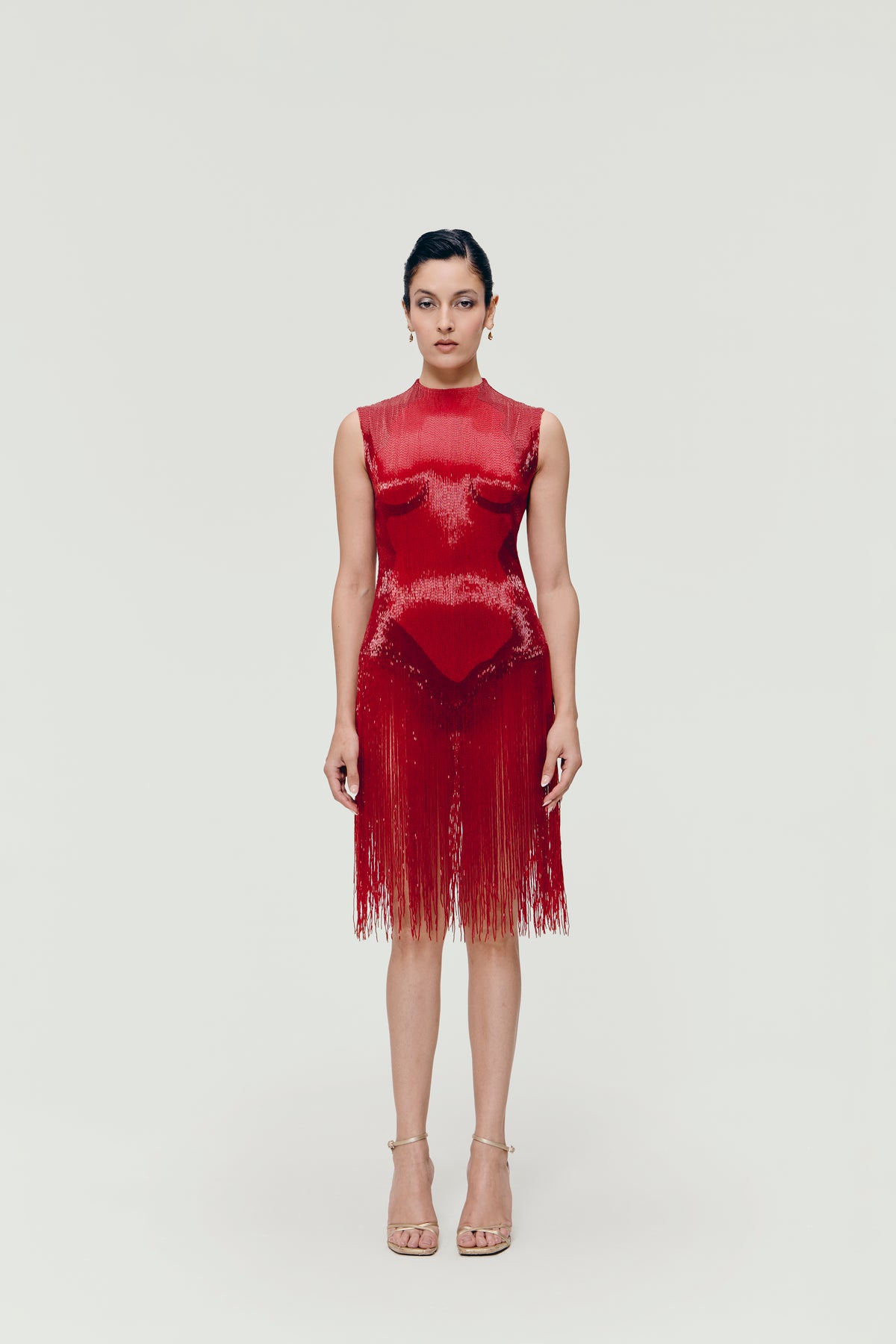 Beaded Fringe Bodysuit in Red