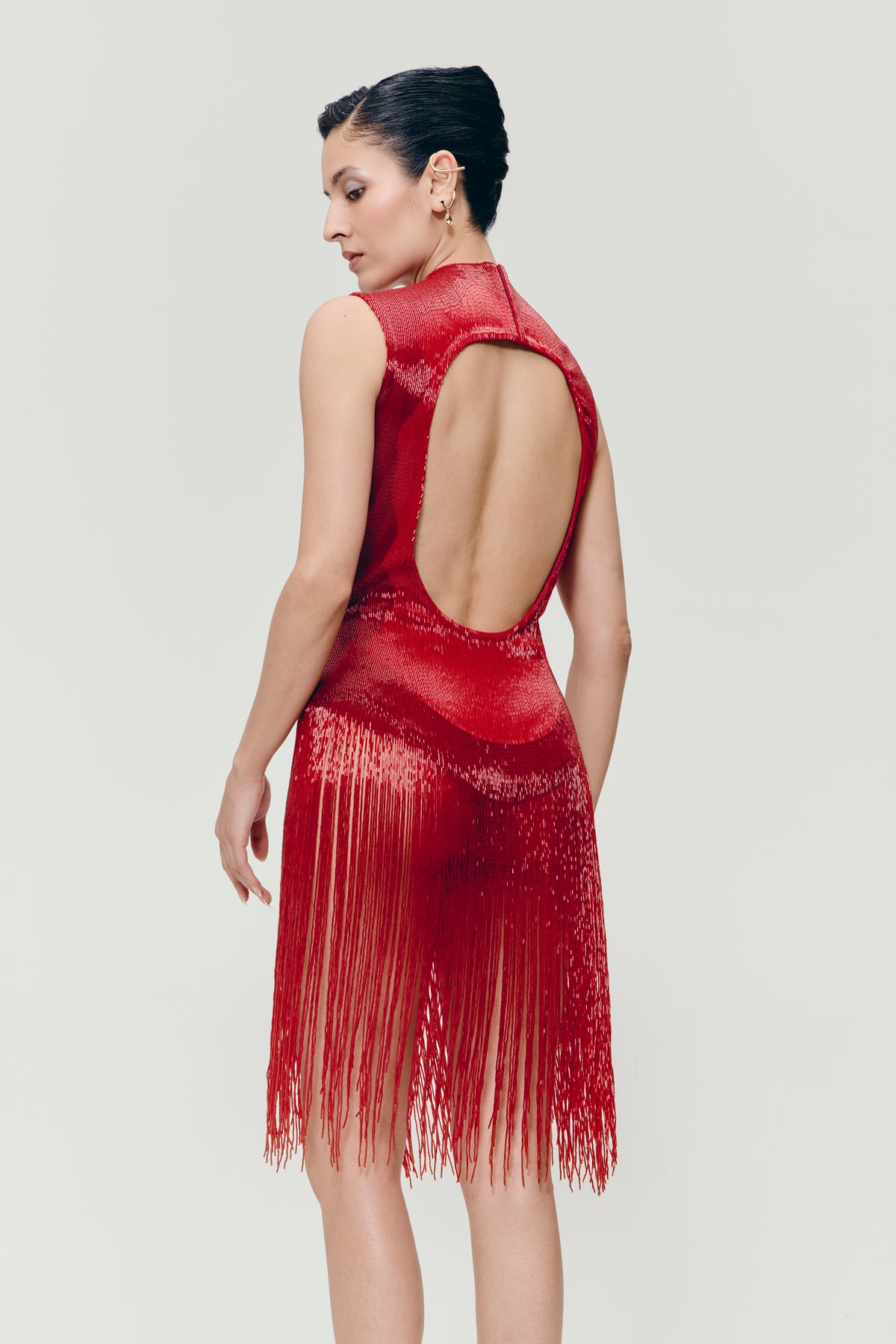 Beaded Fringe Bodysuit in Red