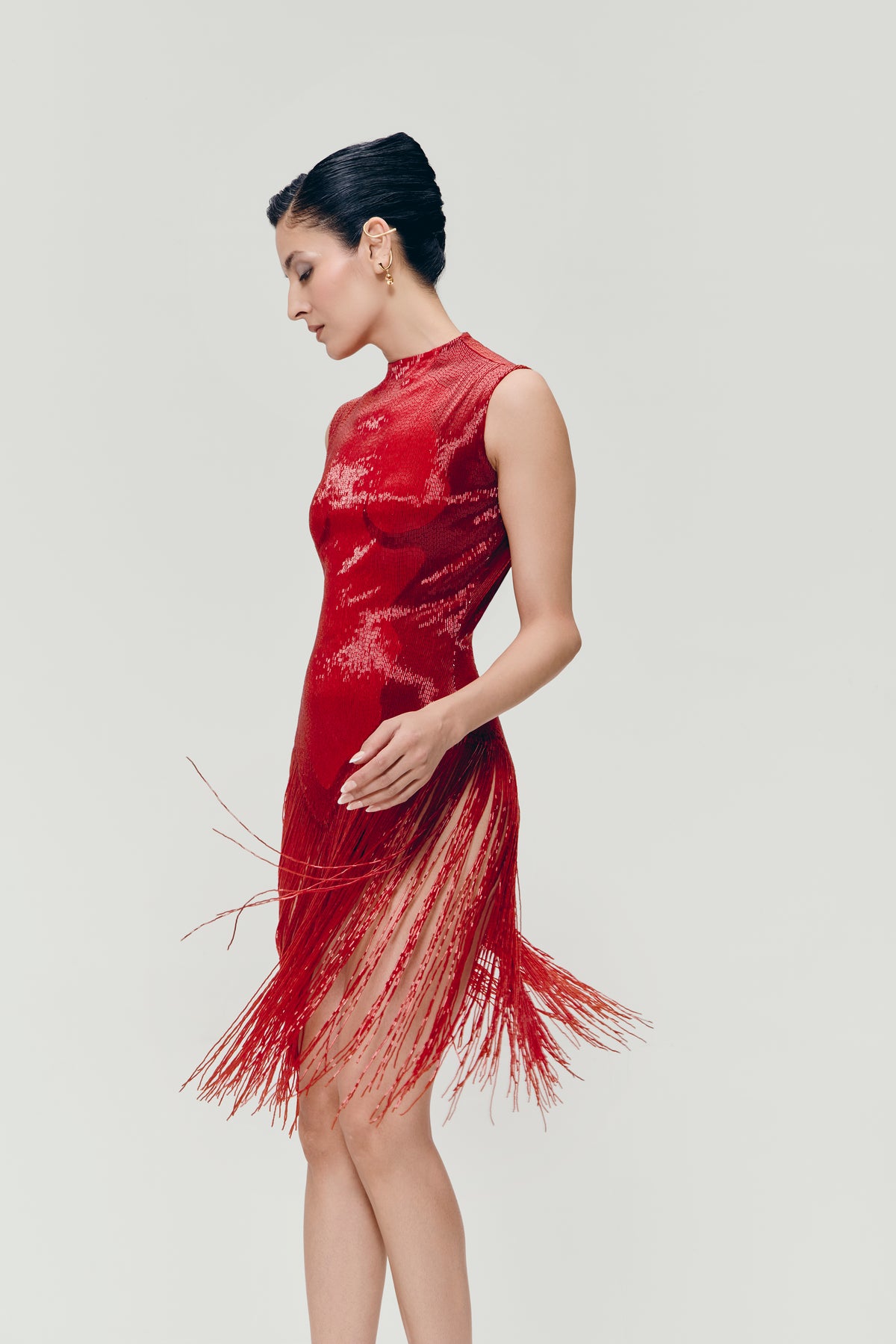 Beaded Fringe Bodysuit in Red