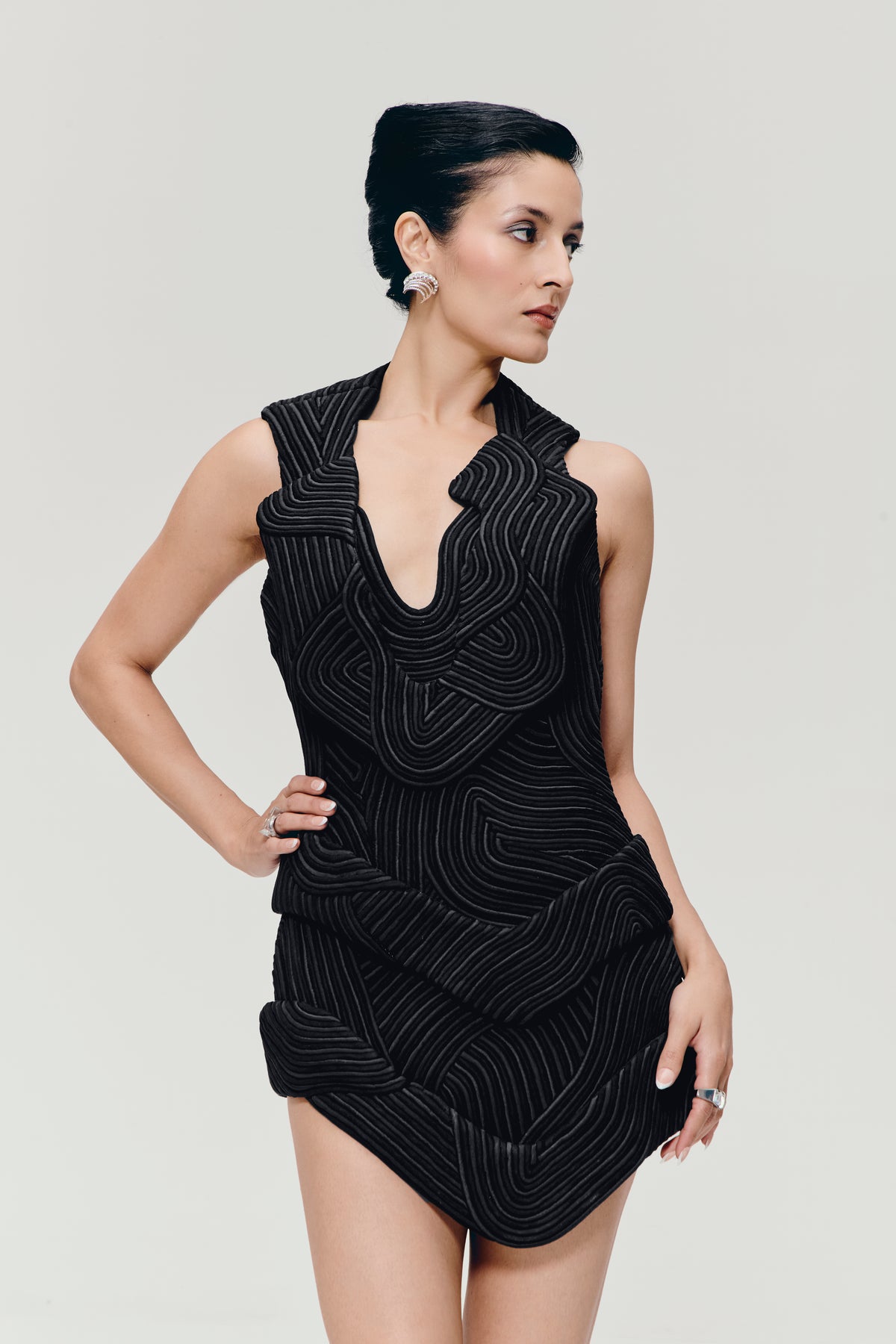 3D Corded Asymmetrical Dress in Black