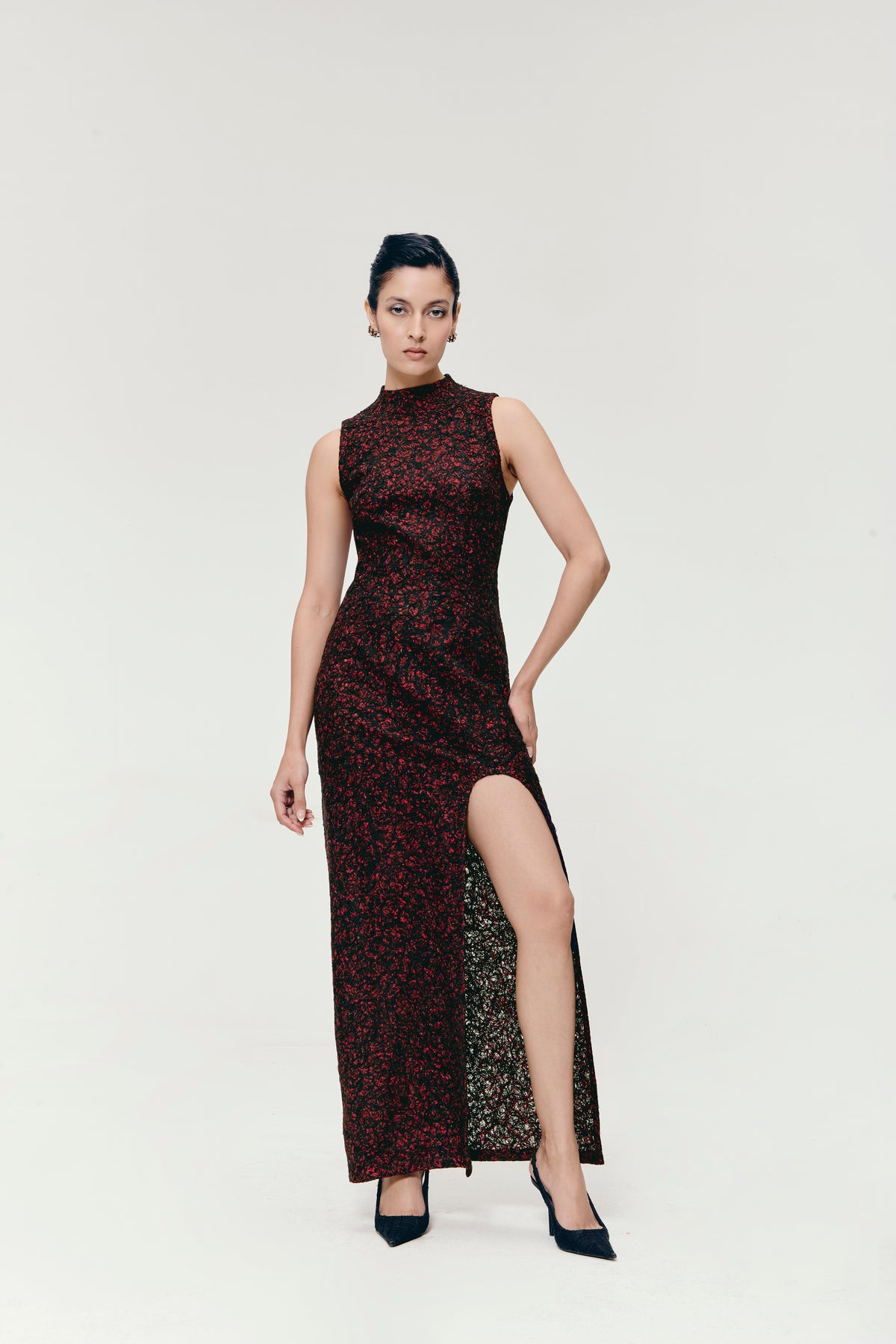 Hand-Felted Column Dress in Crimson Noir
