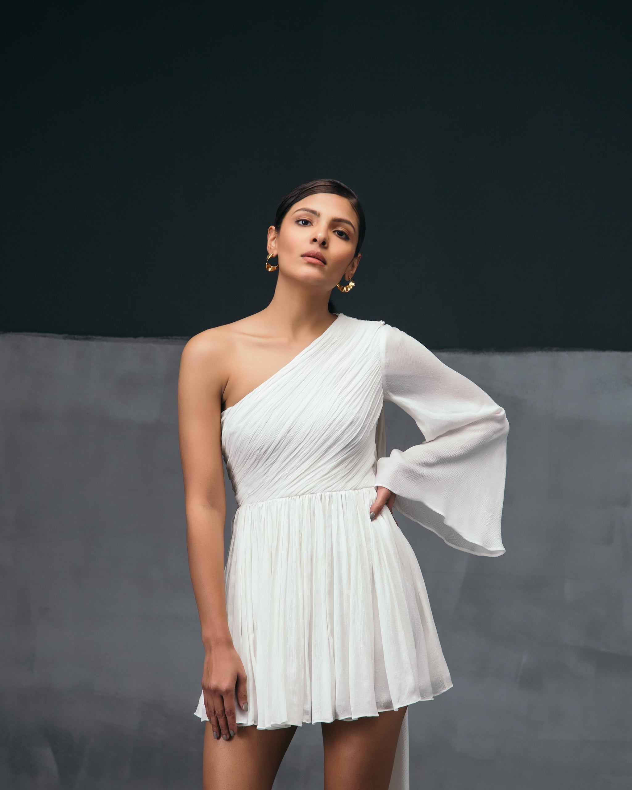 ruched one shoulder mini dress RUCHED ONE-SHOULDER MINI DRESS IN WHITE