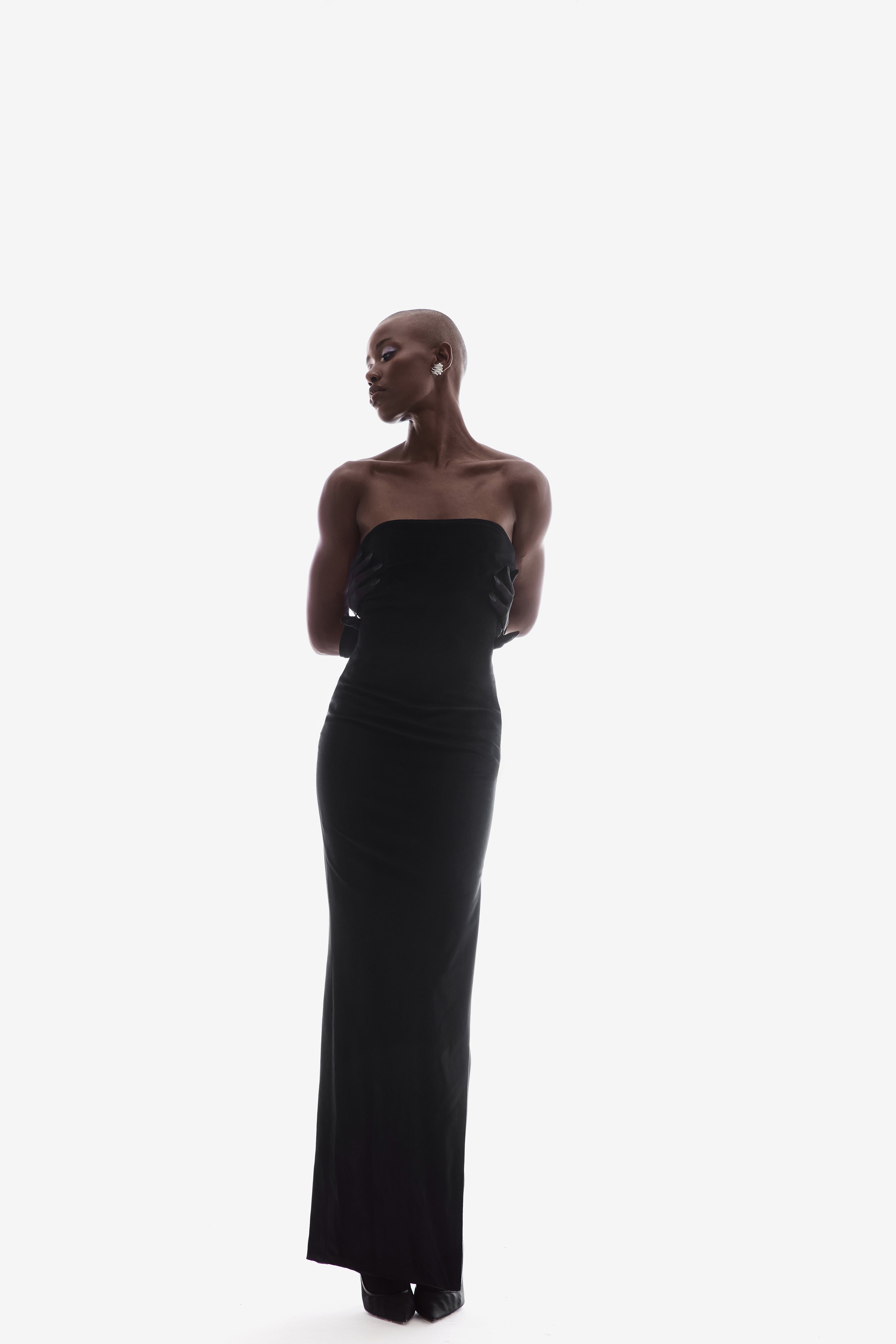 BANDEAU VELVET GOWN WITH DETACHABLE DRAPE