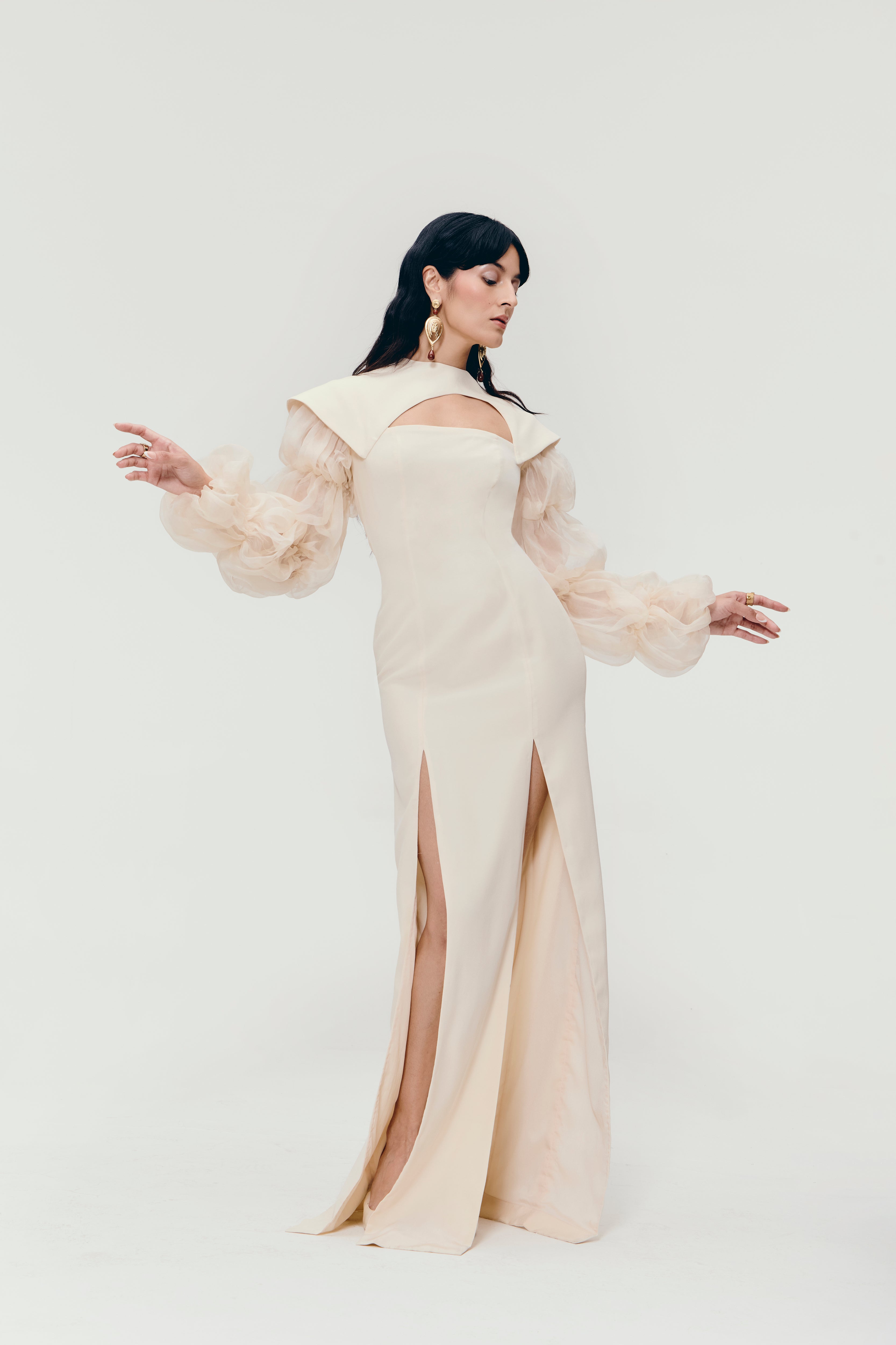 Cut-Out Paneled Column Gown in Ivory