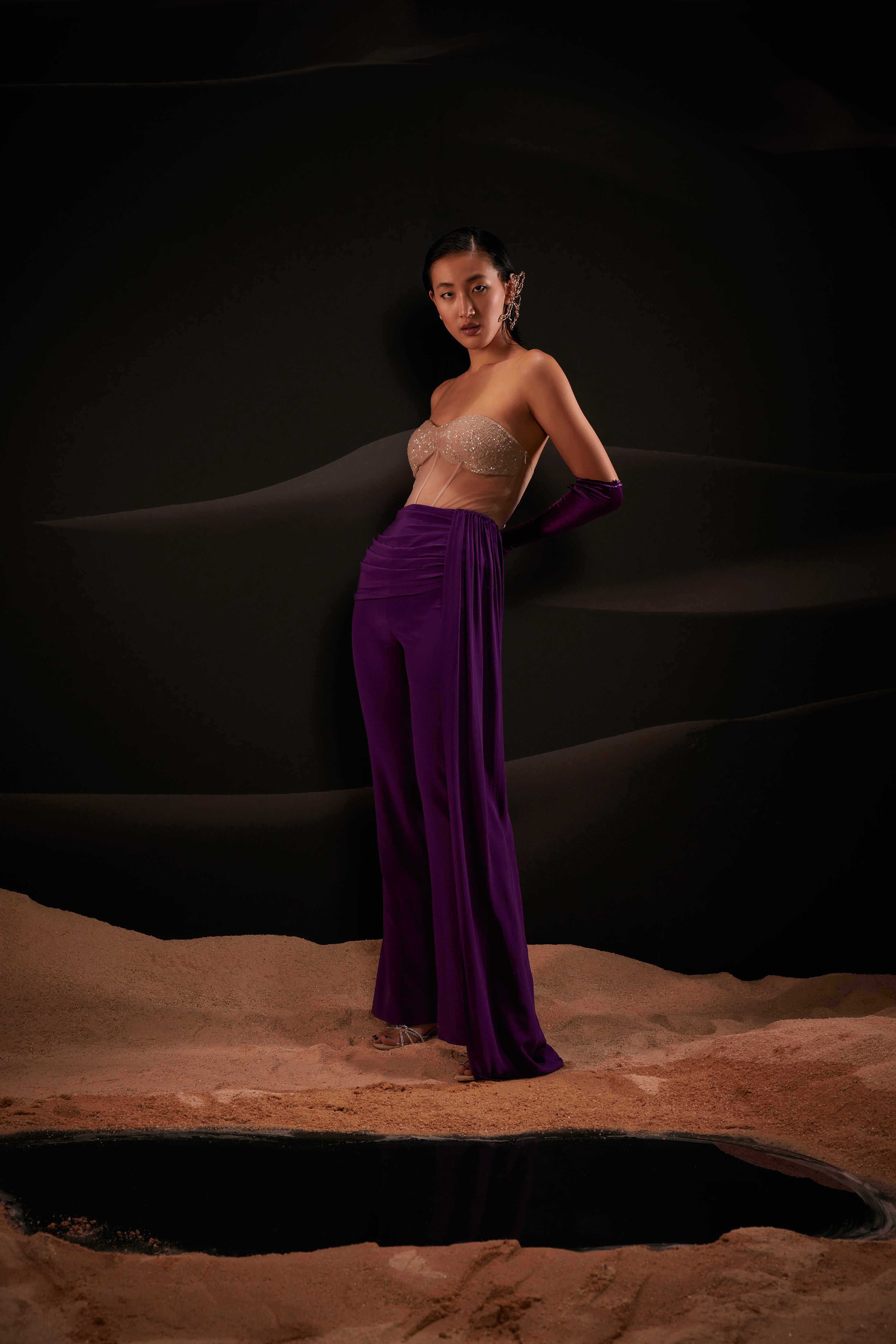 Embellished Corset Jumpsuit with Side Trail in Purple