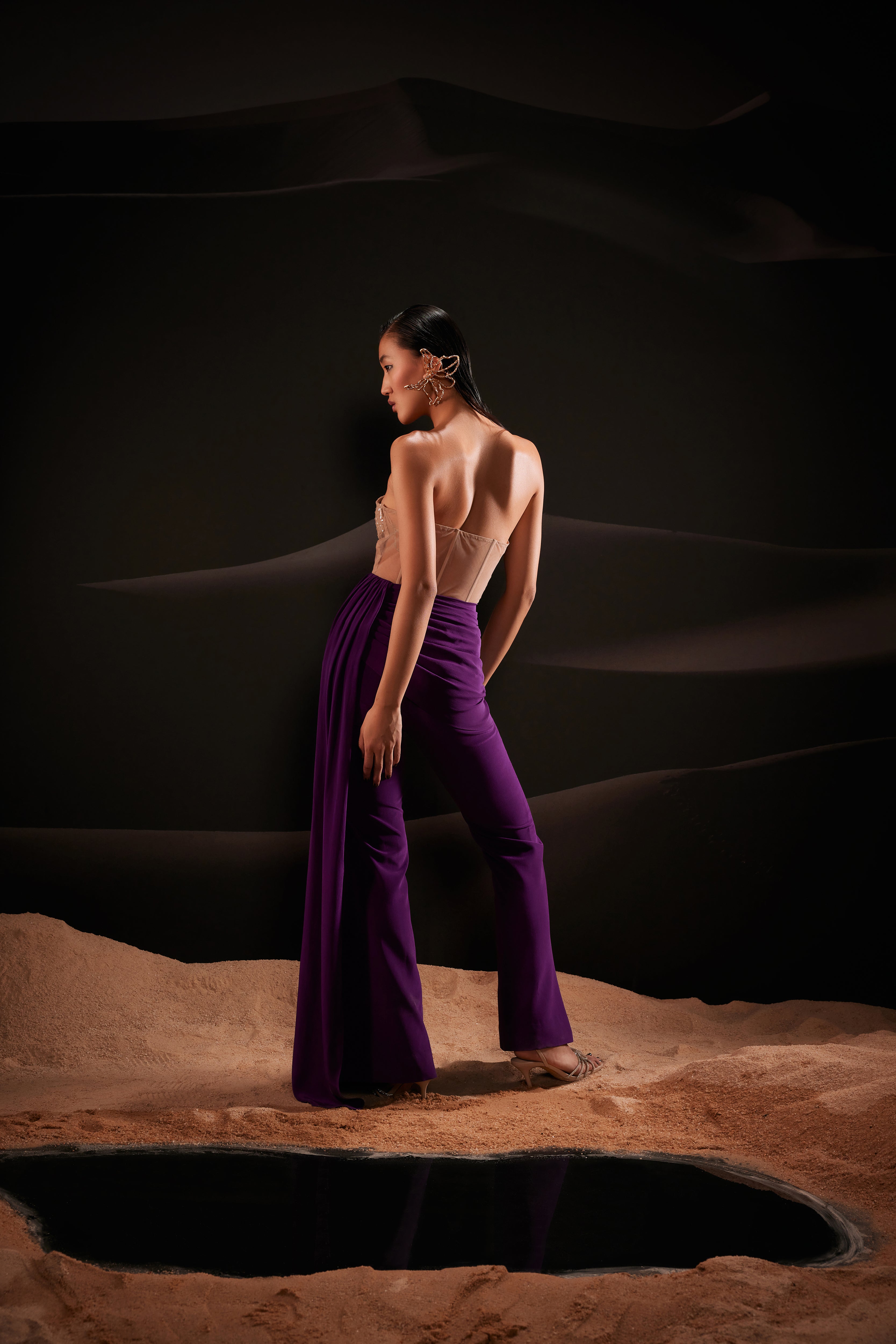 Embellished Corset Jumpsuit with Side Trail in Purple