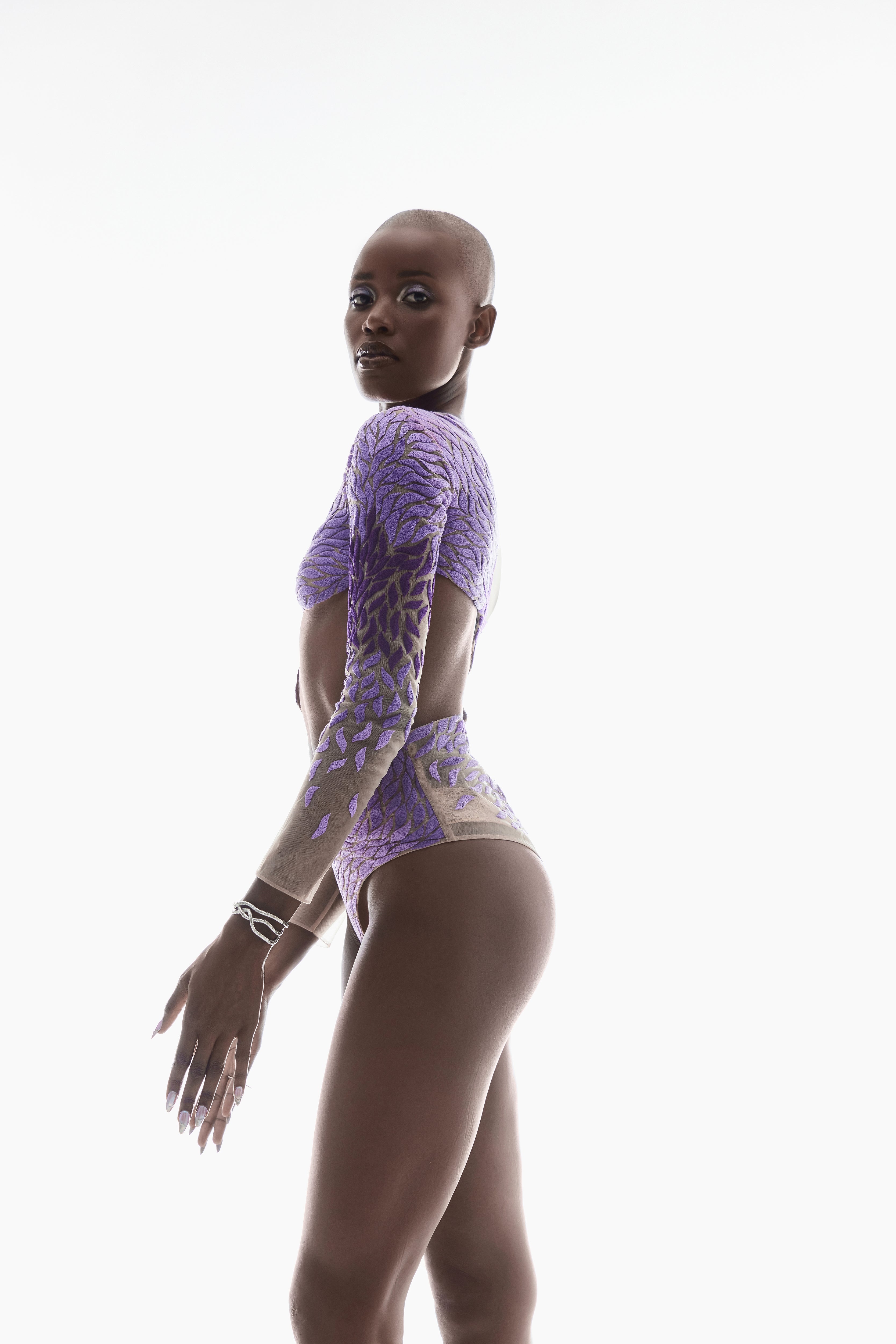 EMBROIDERED BODYSUIT WITH ASYMMETRICAL CUT-OUT IN PURPLE