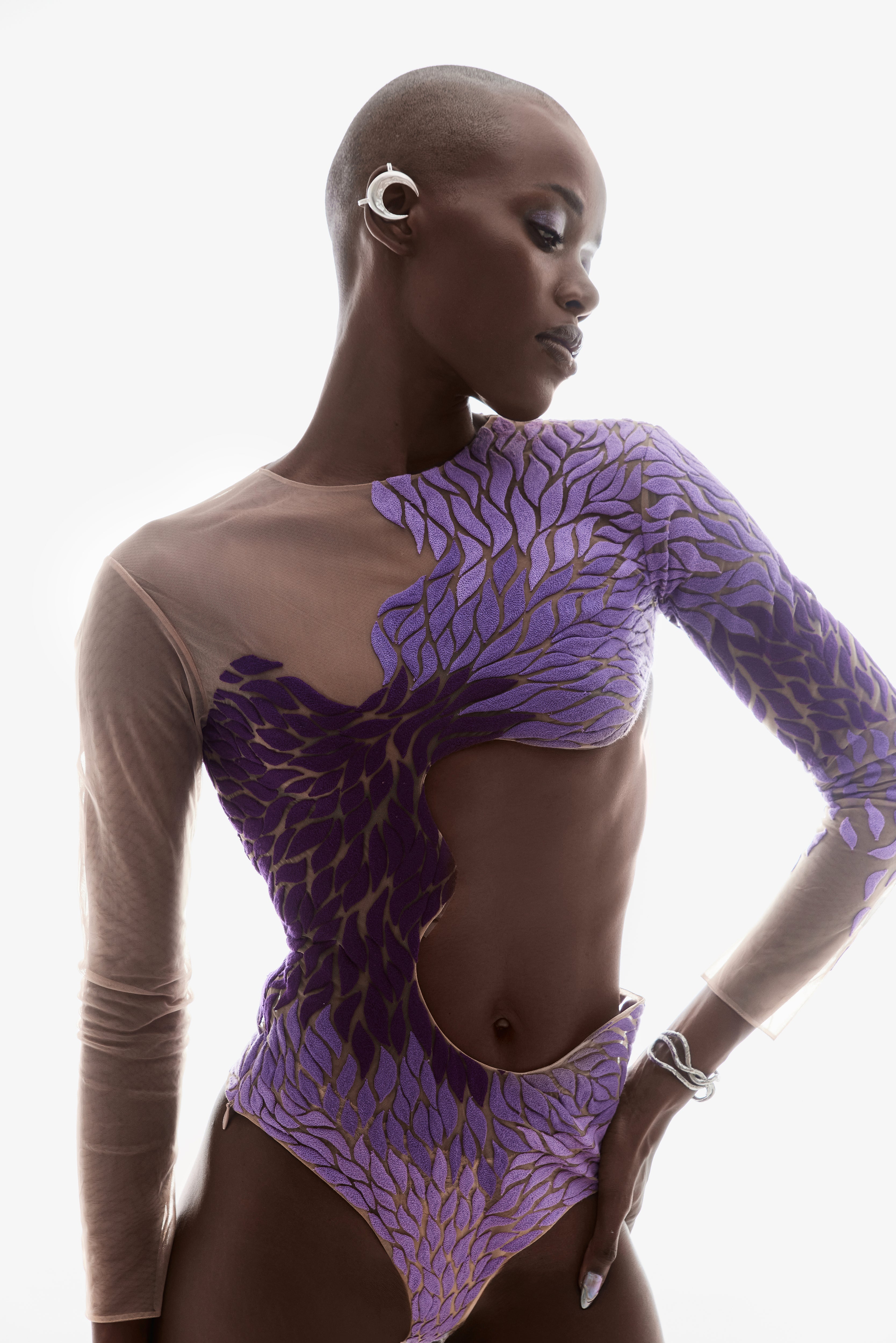 EMBROIDERED BODYSUIT WITH ASYMMETRICAL CUT-OUT IN PURPLE