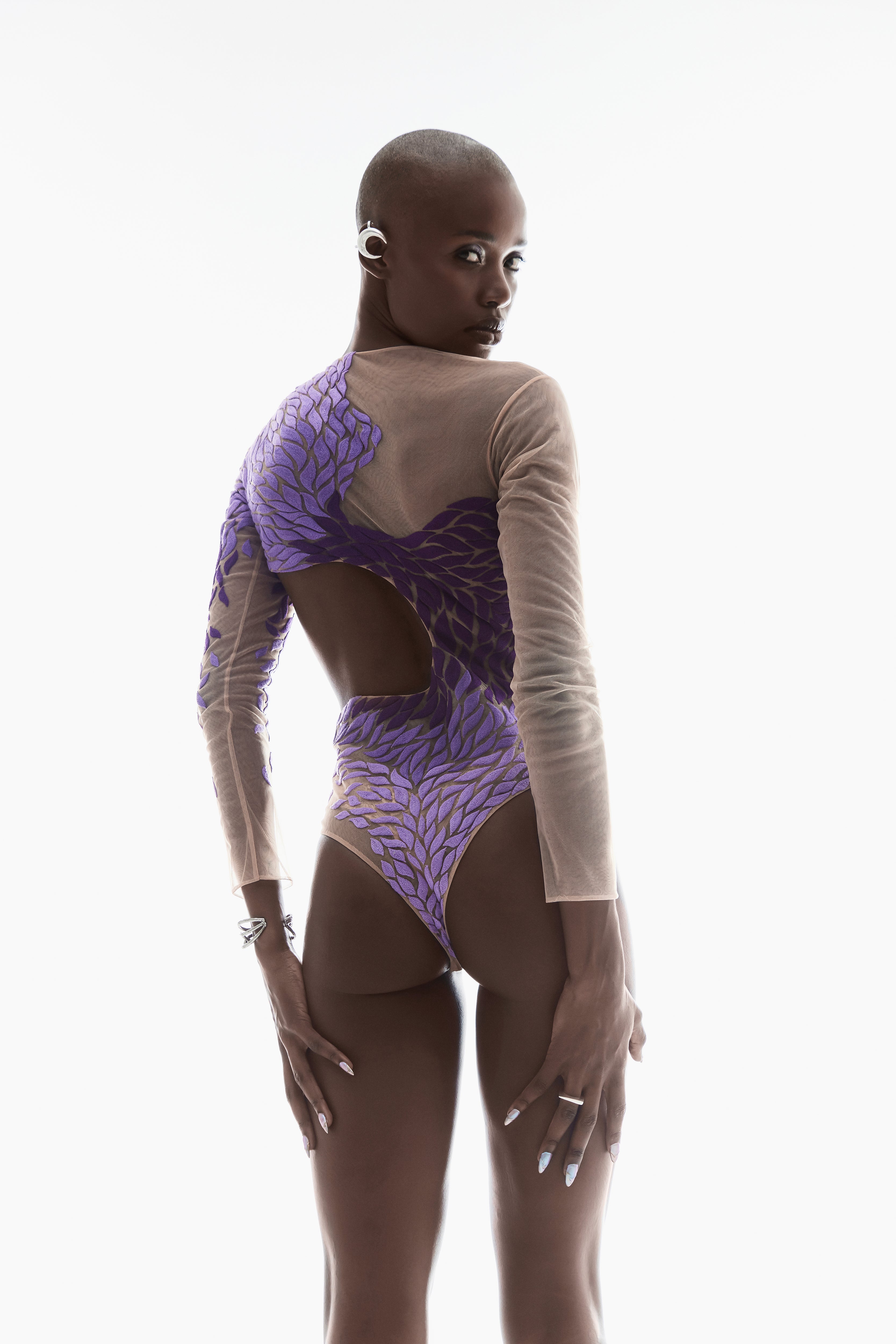 EMBROIDERED BODYSUIT WITH ASYMMETRICAL CUT-OUT IN PURPLE