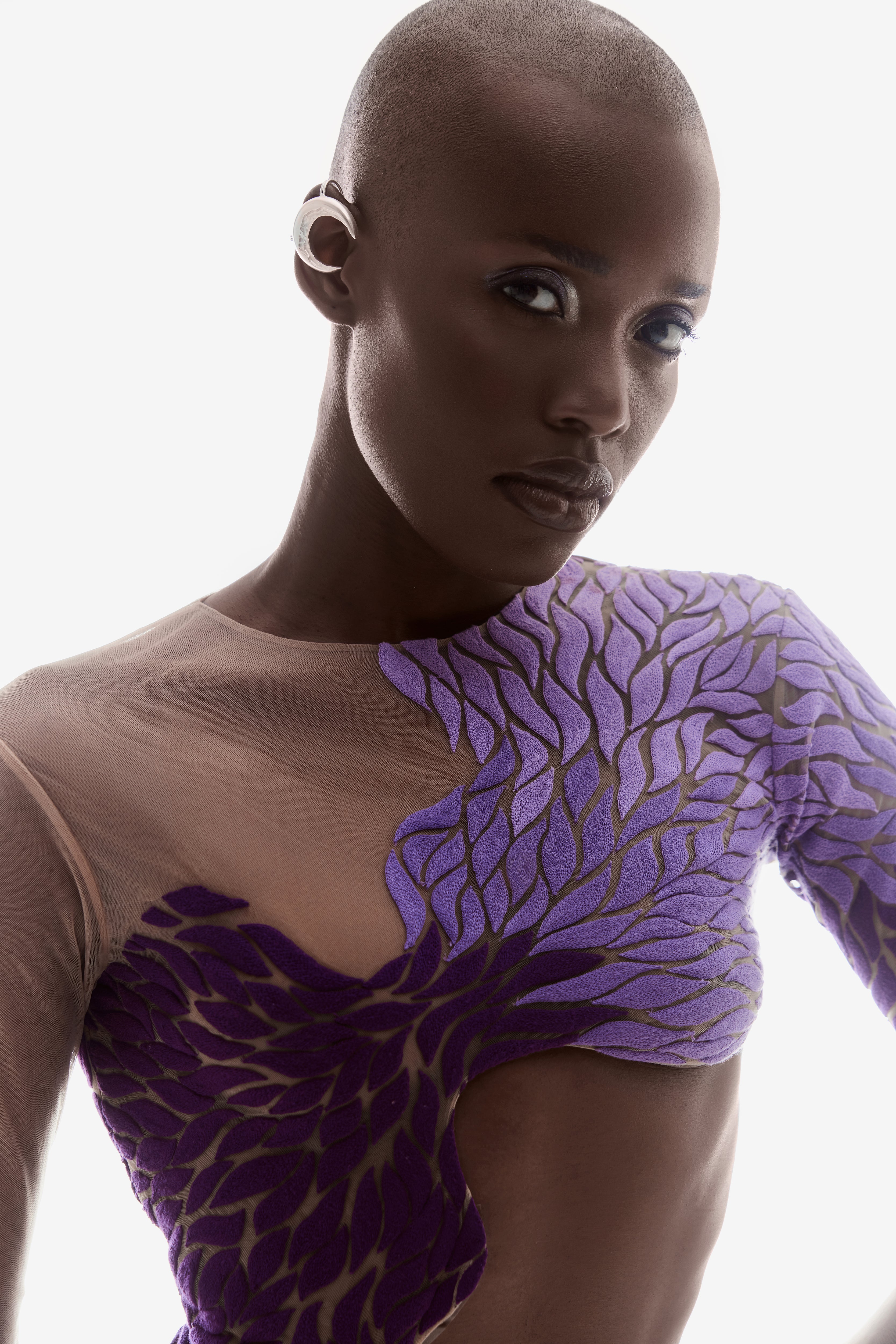 EMBROIDERED BODYSUIT WITH ASYMMETRICAL CUT-OUT IN PURPLE