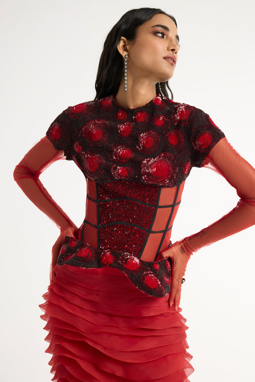 Embroidered Structured Gown with Detachable Veil in Red Embroidered Structured Gown with Detachable Veil in Red