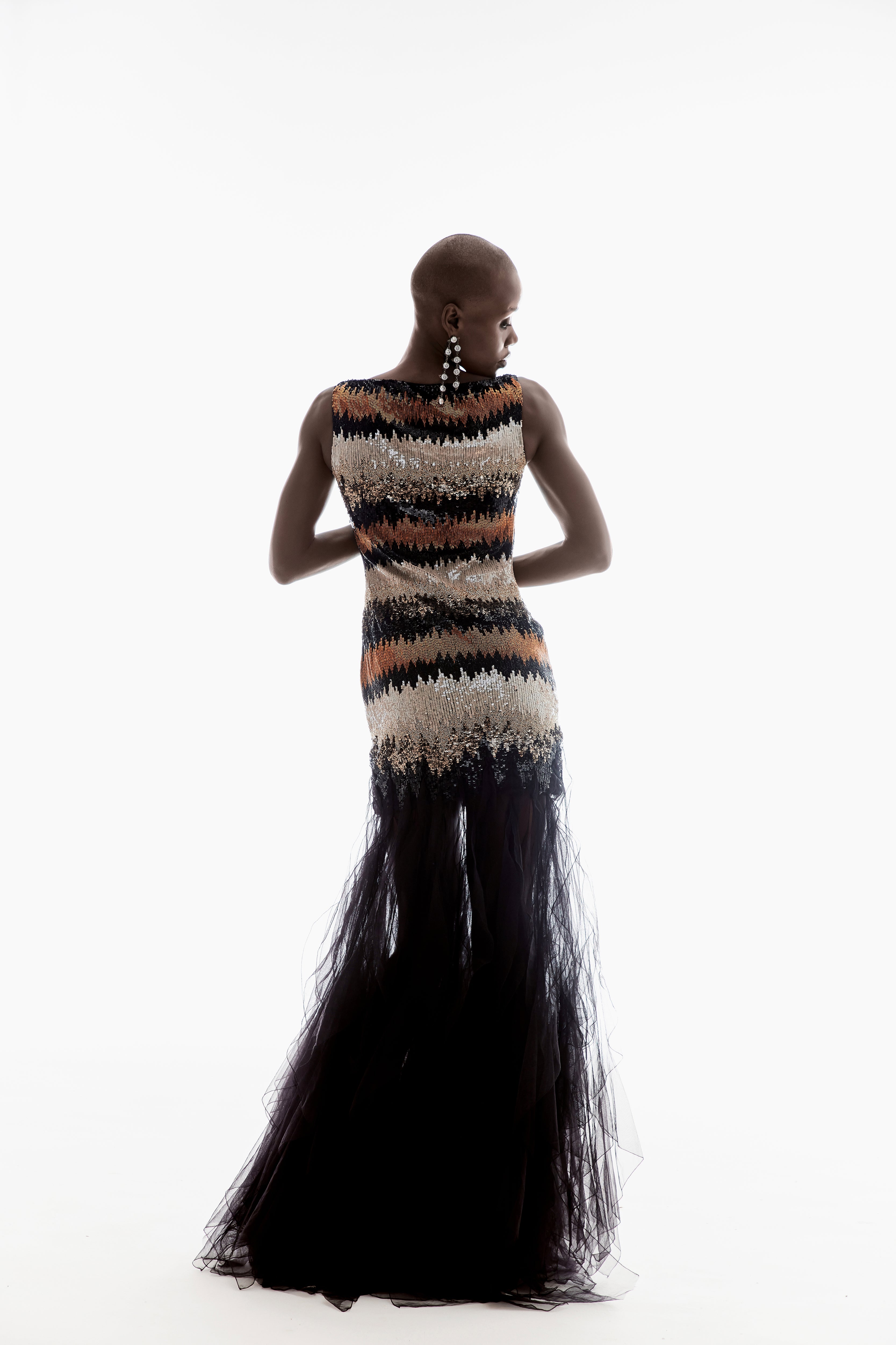 HAND-EMBELLISHED RUFFLE GOWN IN BLACK