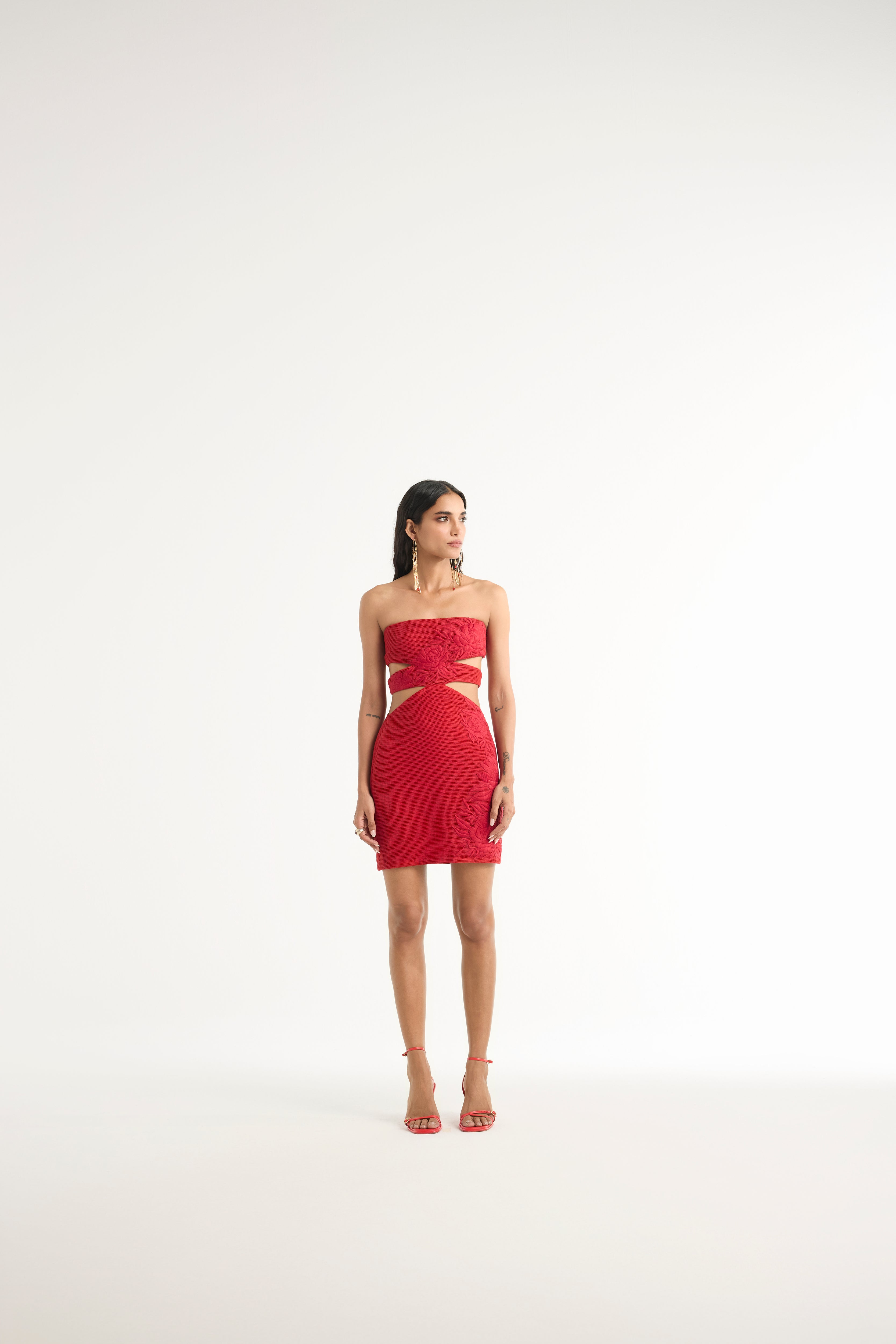 Mesh Bandeau Mini Dress in Red