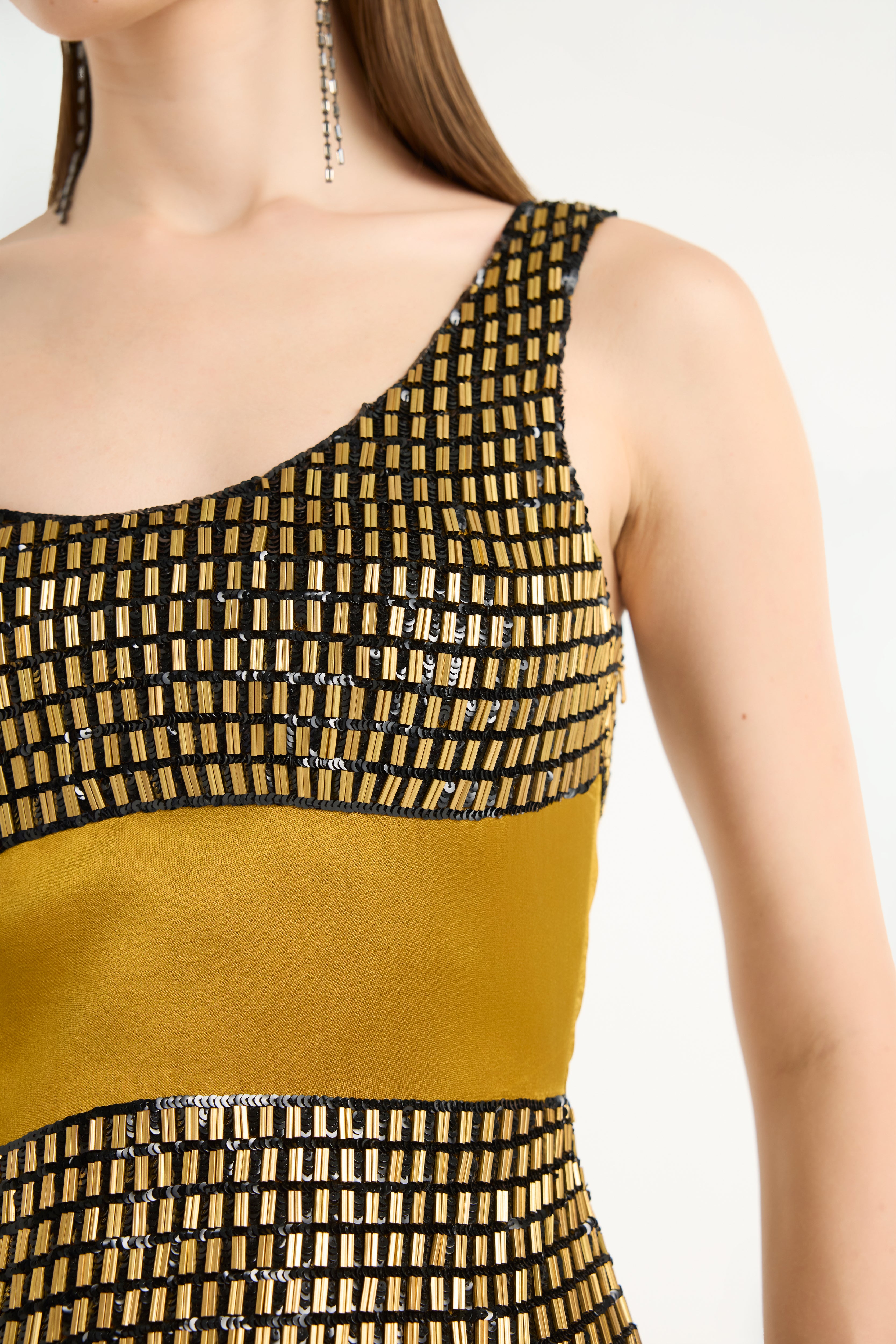 Metal Embellished One-Shoulder Maxi in Gold