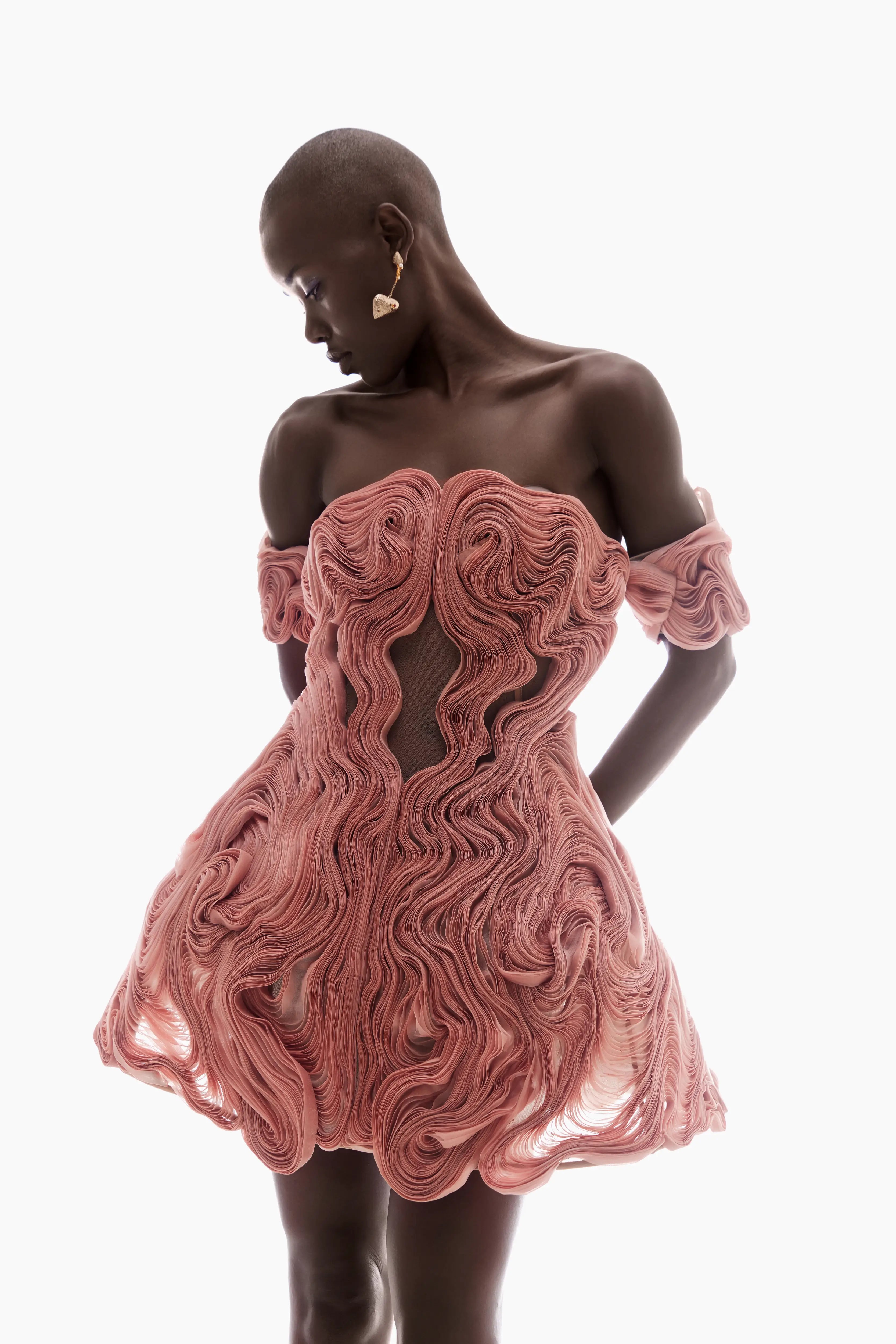 OFF-SHOULDER 3D DRAPED DRESS IN PEACH