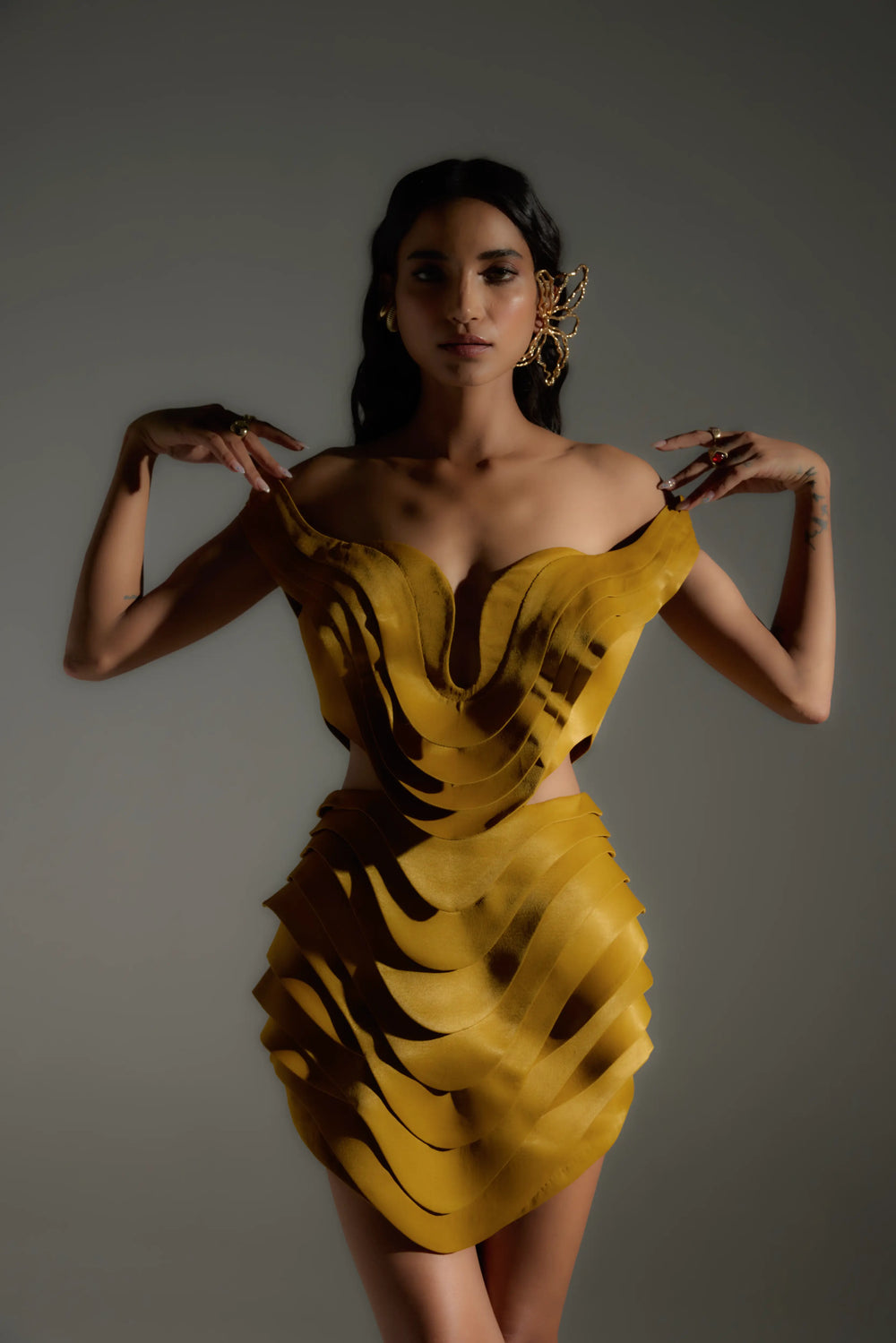 Off-Shoulder 3D Paneled Dress in Gold