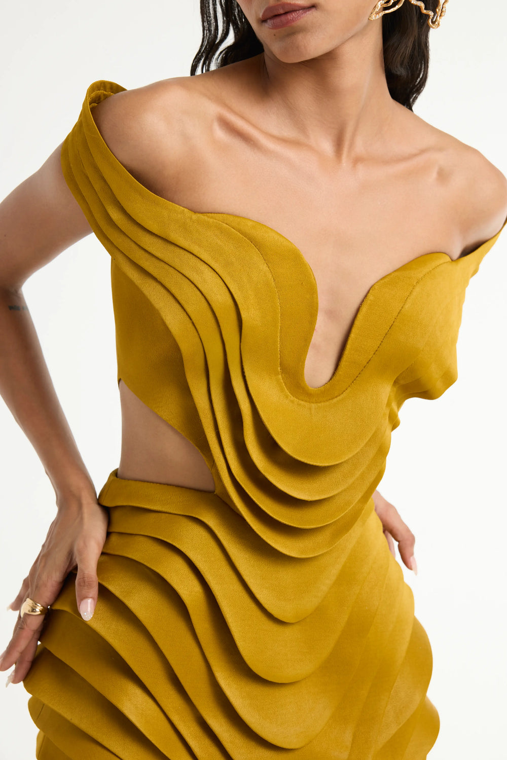 Off-Shoulder 3D Paneled Dress in Gold Off-Shoulder 3D Paneled Dress in Gold